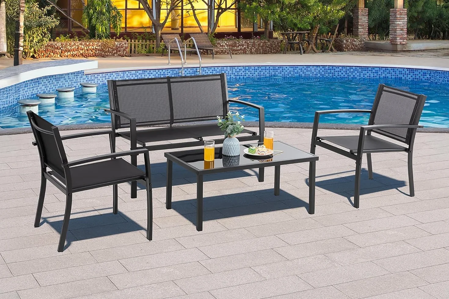Salotto Da Esterno In Acciaio 2 Poltrone 1 Divano 1 Tavolo Giardino Esterno Con Seduta In Textilene Patio Salottino Relax Primavera Estate Mobili Estivi 4 Posti Tavolo Ripiano In Vetro - Nero