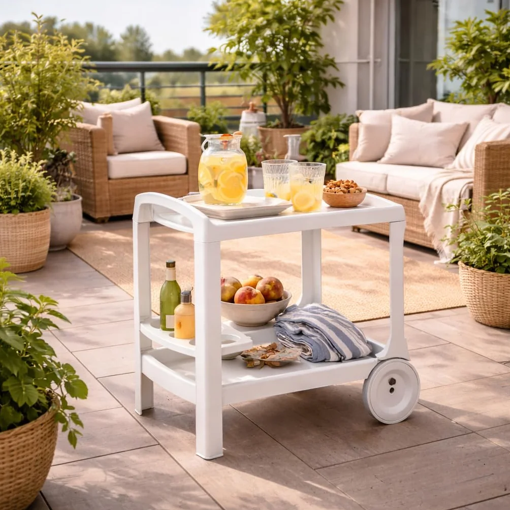 Carrello Multiuso in Plastica Bianco con Ripiani Portavivande Portabottiglie per Cucina Casa Esterno