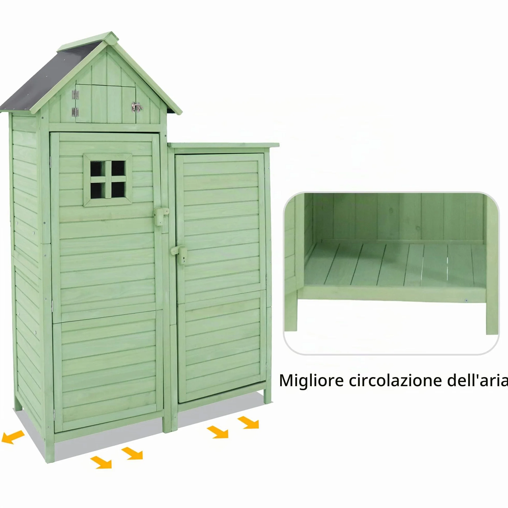 Casetta per attrezzi da giardino, resistente alle intemperie, in legno, per esterni, in PVC, 118 x 54 x 173 cm (larghezza x profondità x altezza), verde