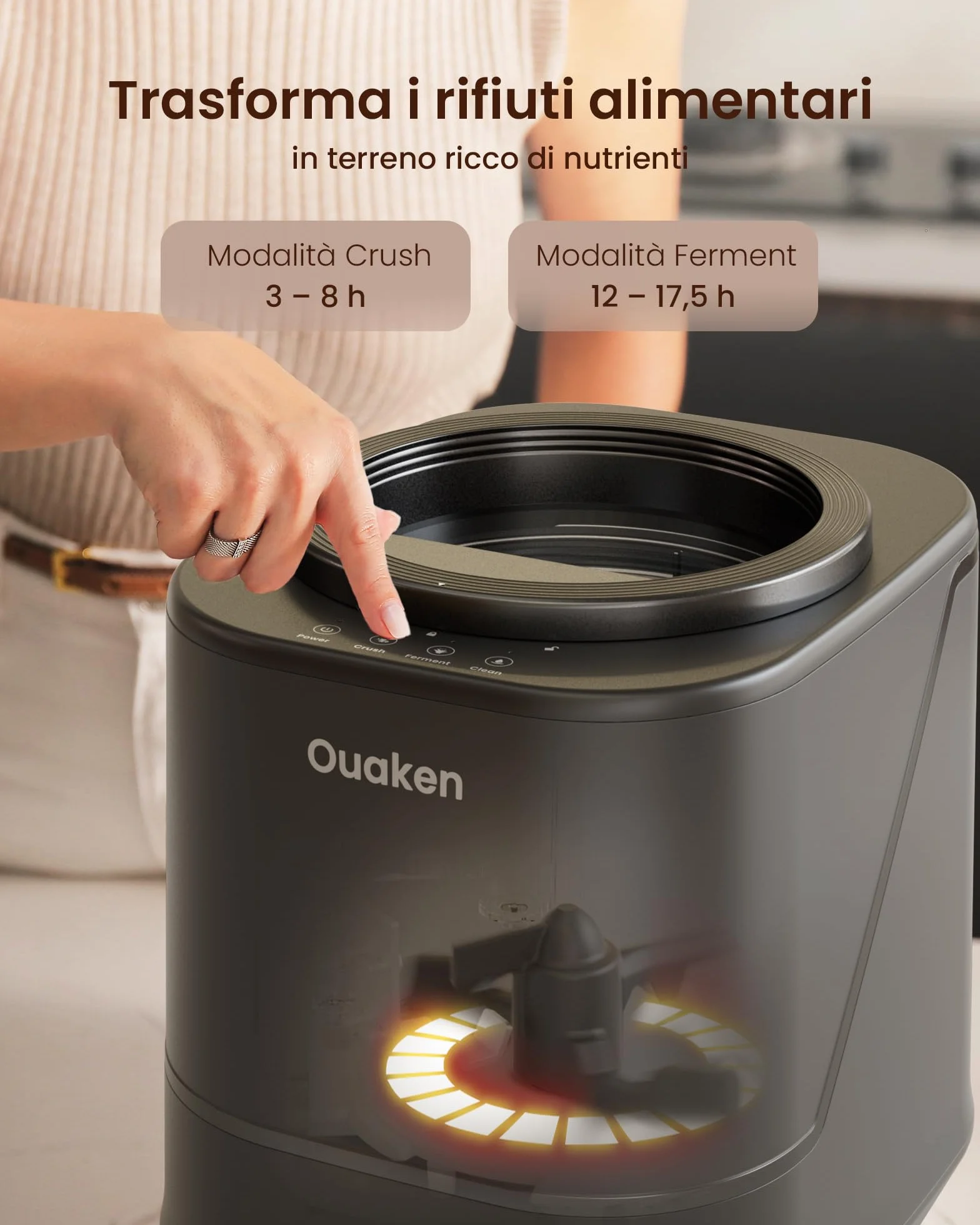 Composter Elettrico da Cucina 4L, Intelligente, Silenzioso, Autopulente, Trasforma Rifiuti in Fertilizzante, Nero