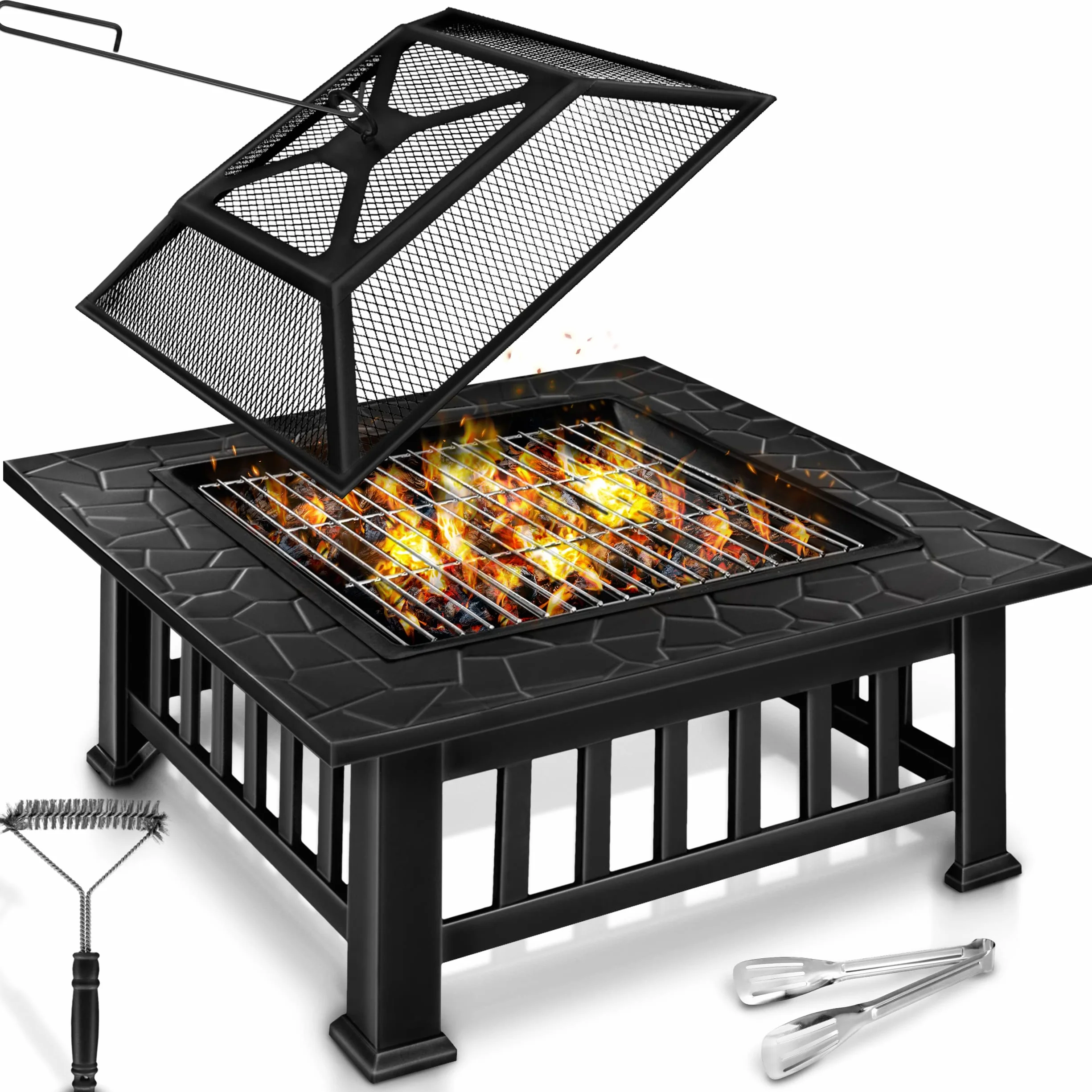 tillvex Braciere con Parascintille e Griglia | Braciere Esterno per il Giardino | 3 in 1 BBQ Grill con Coperchio, Attizzatoio, Pinze e Griglia a Carbone