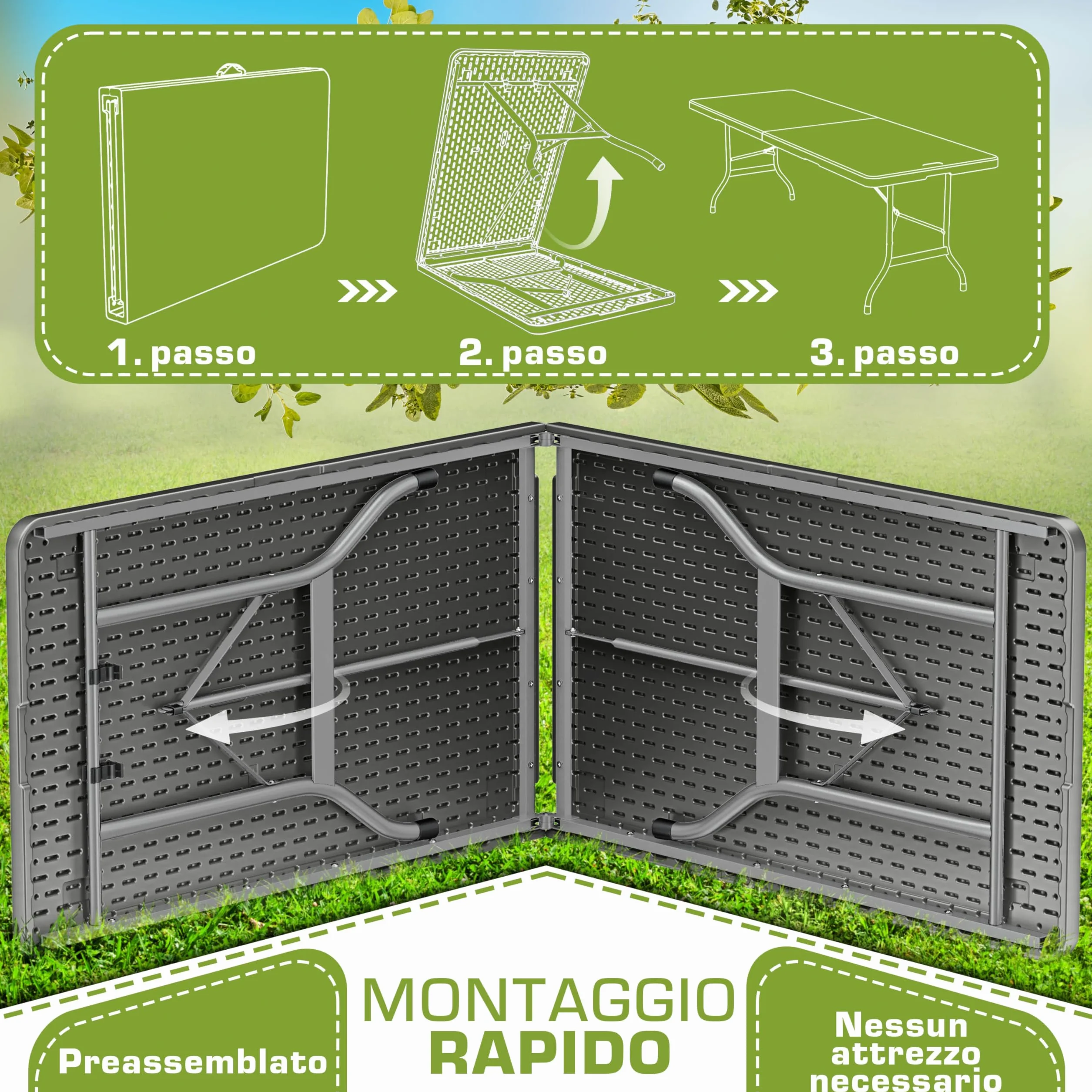 tillvex Tavolo da giardino pieghevole 180x75cm plastica