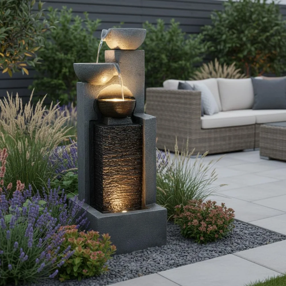 Arnusa, Grande fontana da giardino con illuminazione a LED, fontana a cascata, decorazione da giardino, Nero, Grigio