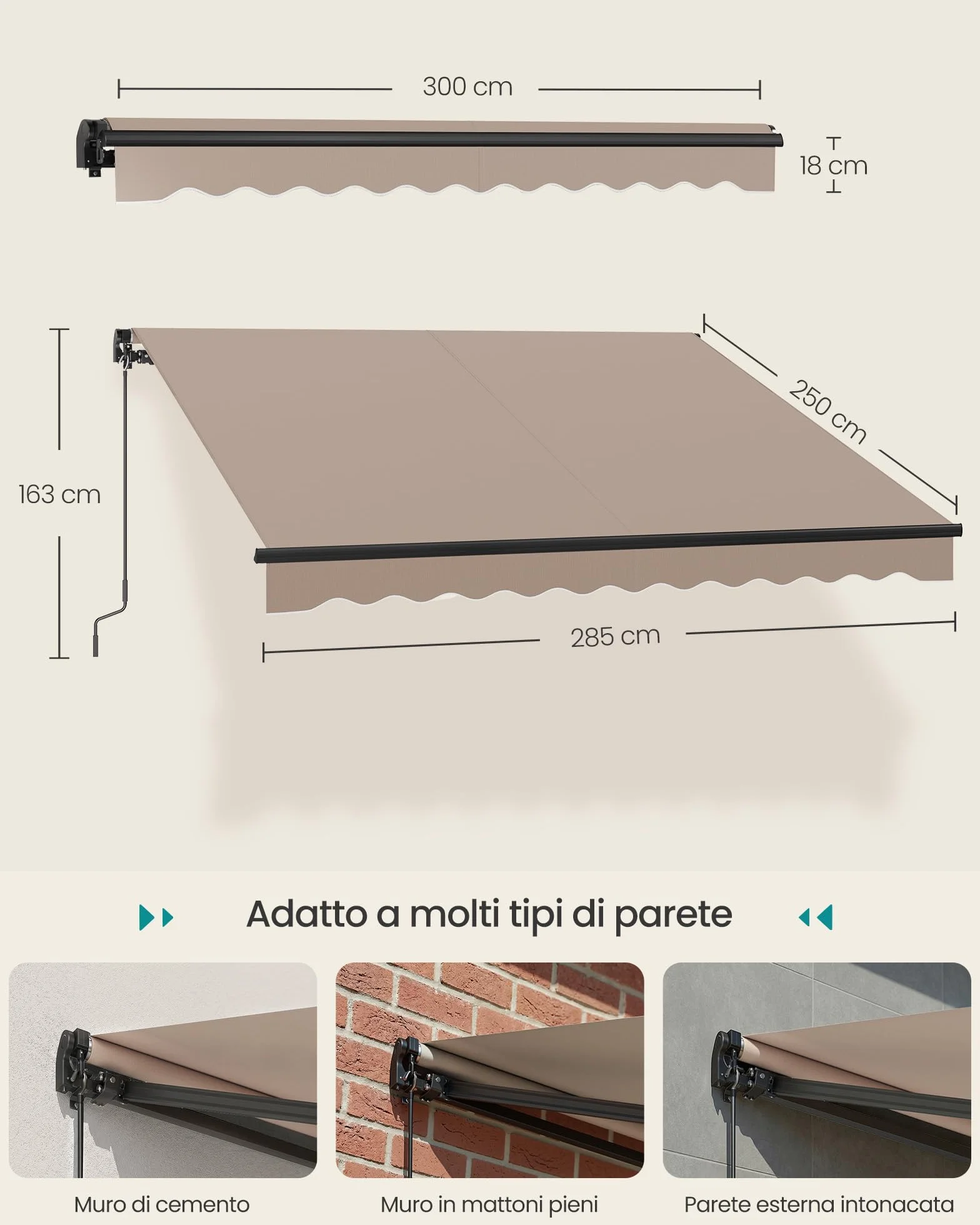 SONGMICS Tenda da Sole a Bracci Articolati 300 x 250 cm UPF 50+ Lega di Alluminio Marrone Giallastro
