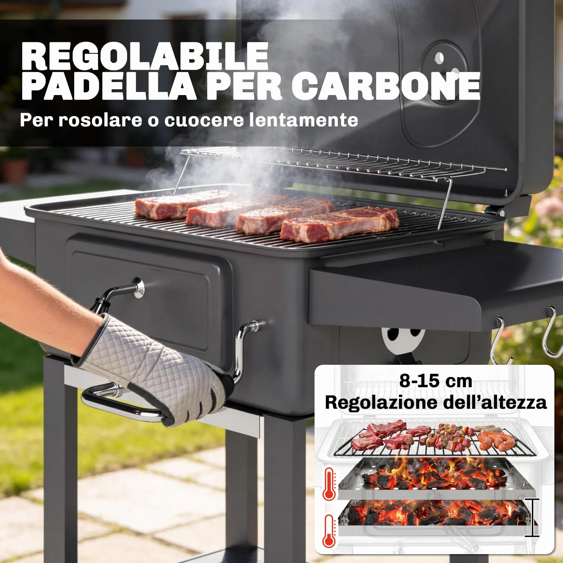 Outsunny Barbecue Carbonella Carrello BBQ Portatile con Griglia e Coperchio, Nero