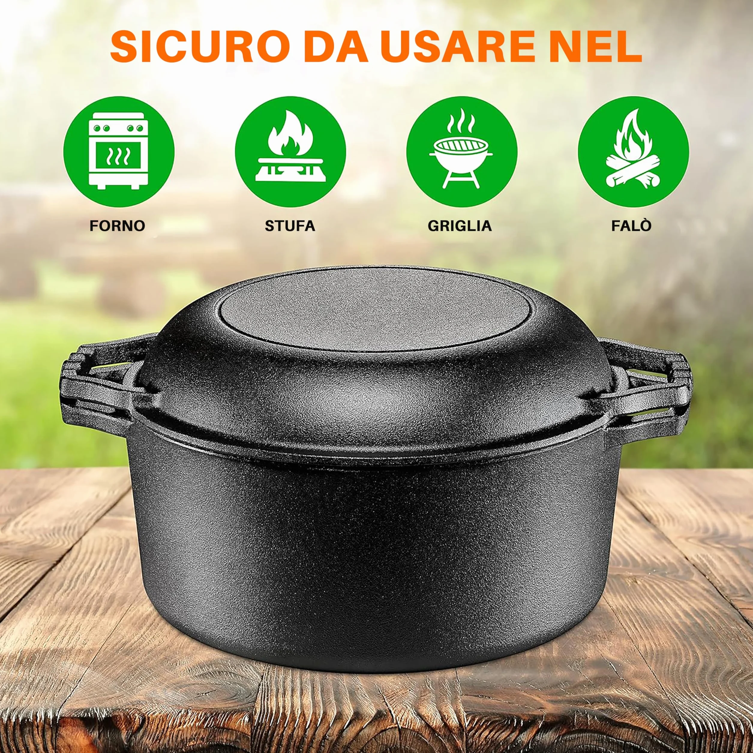 NutriChef Forno Olandese in Ghisa, Antiaderente Pre-Stagionato Doppio, Pentola e Coperchio con Manico, Adatto per Forno, Stufa, Griglia e Campeggio