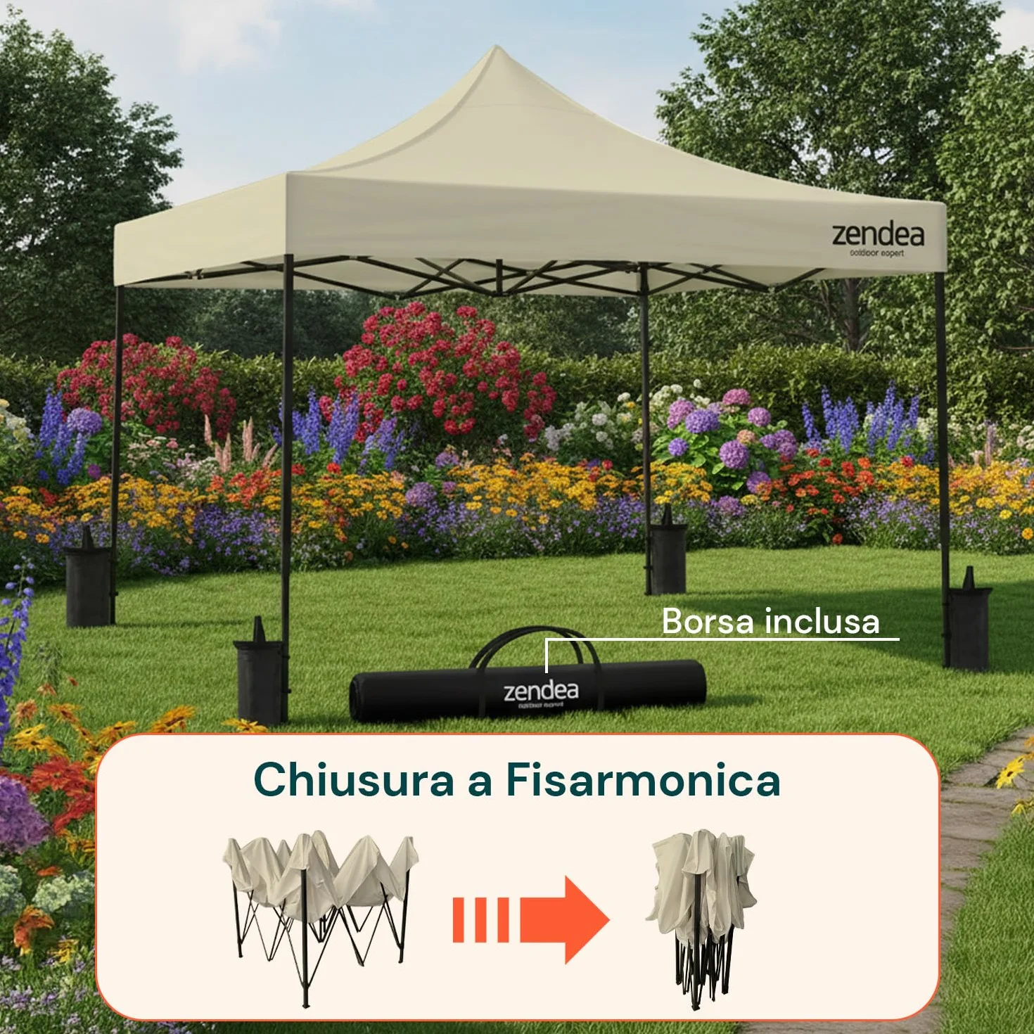 Gazebo Pieghevole Impermeabile 3x3 Beige Oxford 600D PVC Struttura Rinforzata per Giardino