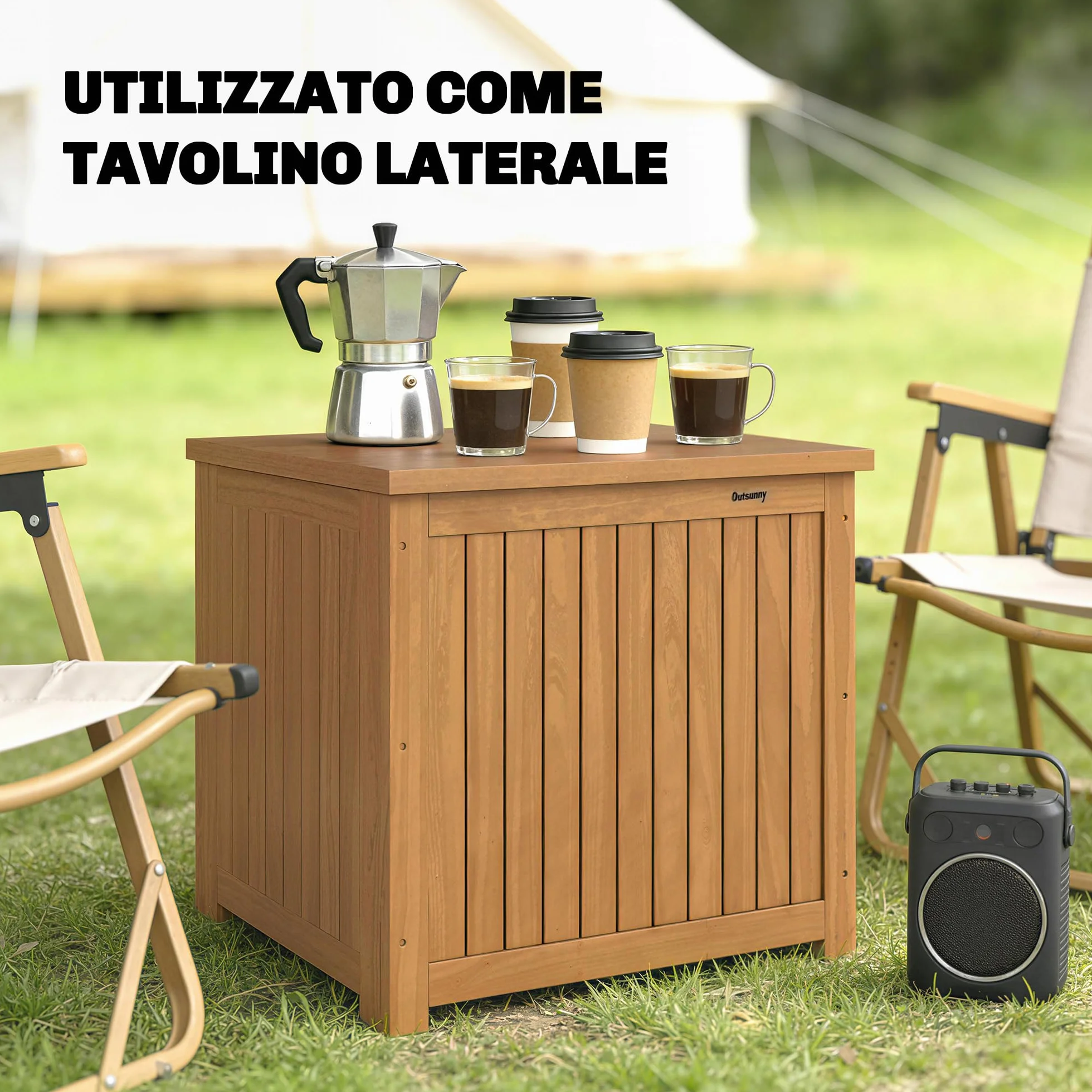 Outsunny Baule da Esterno 130L Legno Coperchio Cerniera, Contenitore Giardino Protezione UV, 63x51x58.5 cm, Marrone