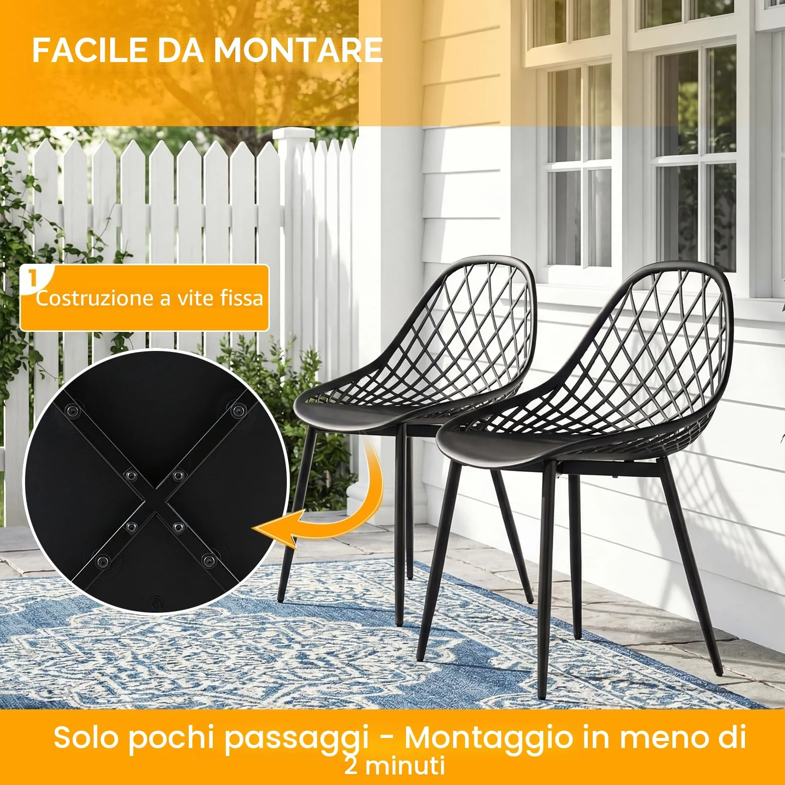 Sedie da Esterno, Set di 6, Schienale in Plastica Traforato, Piedi in Metallo, Polipropilene, Nero