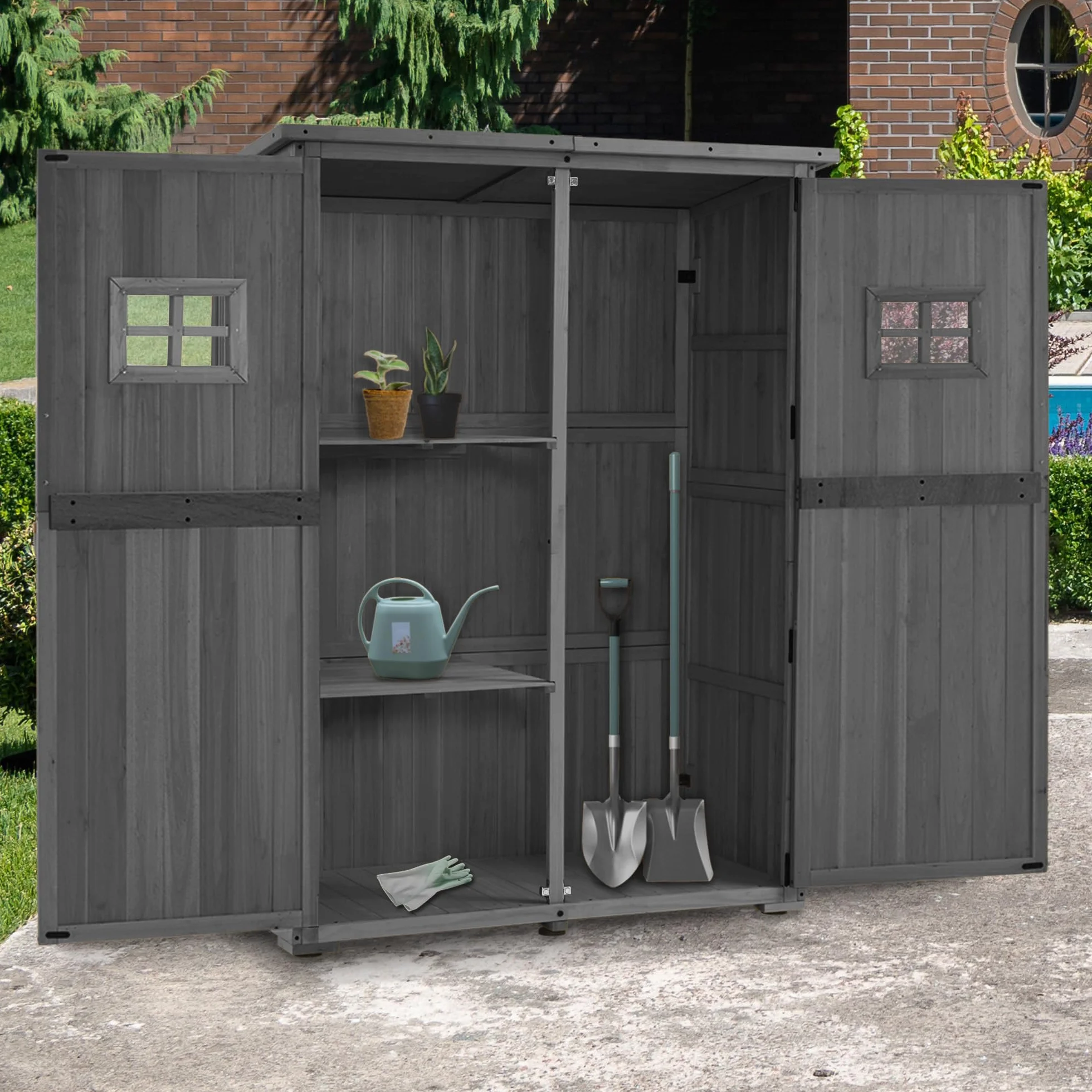 M MCombo armadio da giardino in legno, casetta da giardino piccola resistente alle intemperie, casetta per attrezzi da esterno, per area esterna balcone terrazza, 59×127×168 cm, 0912 (Grigio)