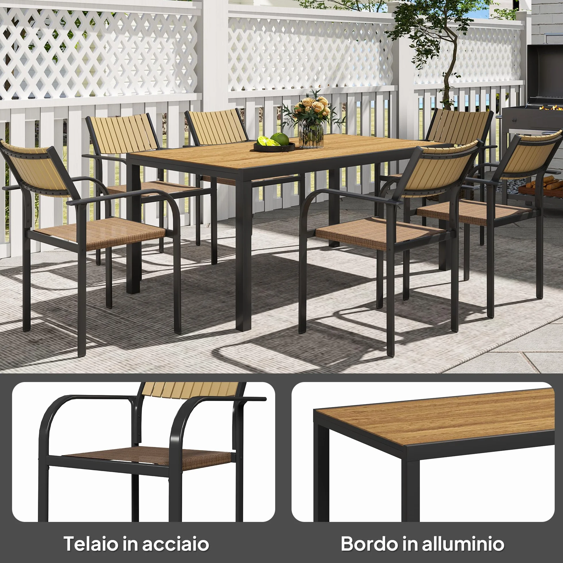 Outsunny Set Tavolo da Giardino Allungabile 7 Pezzi con Sedie Impilabili, Acciaio e Textilene, Marrone