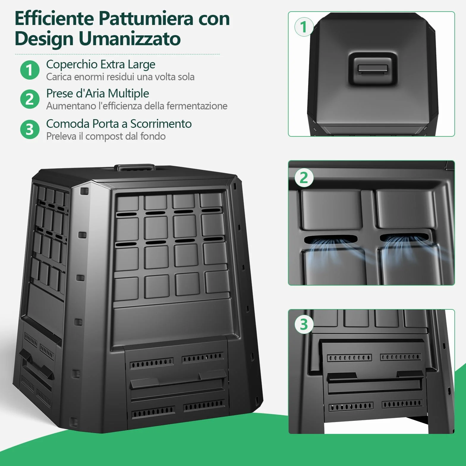 RELAX4LIFE Compostiera da Giardino da 380L, Contenitore per Compostaggio con Accesso Frontale, Ideale per Rifiuti da Giardino e Cucina