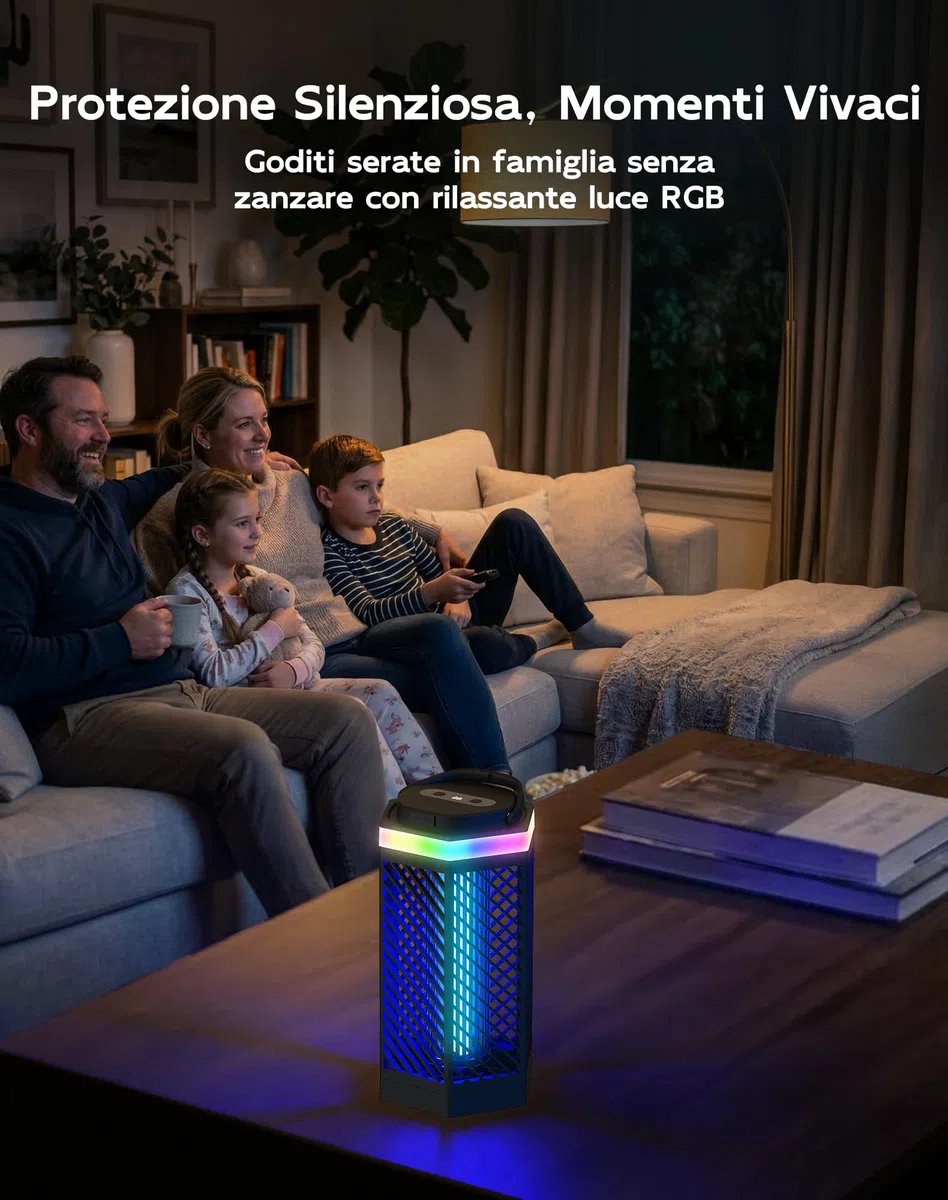 Lampada Antizanzare Elettrica Ricaricabile 8000mAh, Ammazza Zanzare 3 in 1 con Luce LED e RGB, 2000V Trappola per Insetti da Esterno e Interno, IPX4 Impermeabile per Casa, Camping