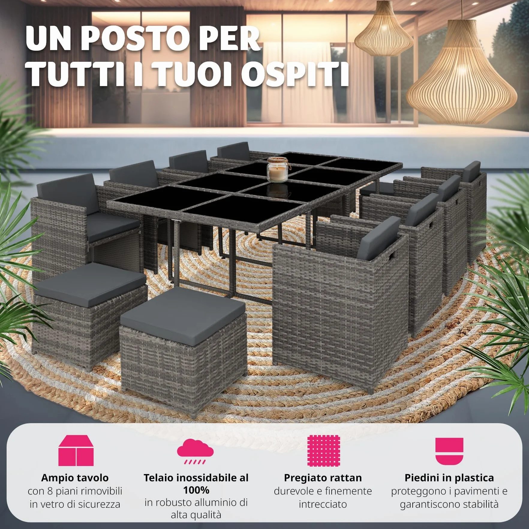 Tectake Set Mobili da Giardino in Poli Rattan 8 Sedie 1 Tavolo 4 Sgabelli Rivestimenti Rimovibili Idrorepellenti Grigio