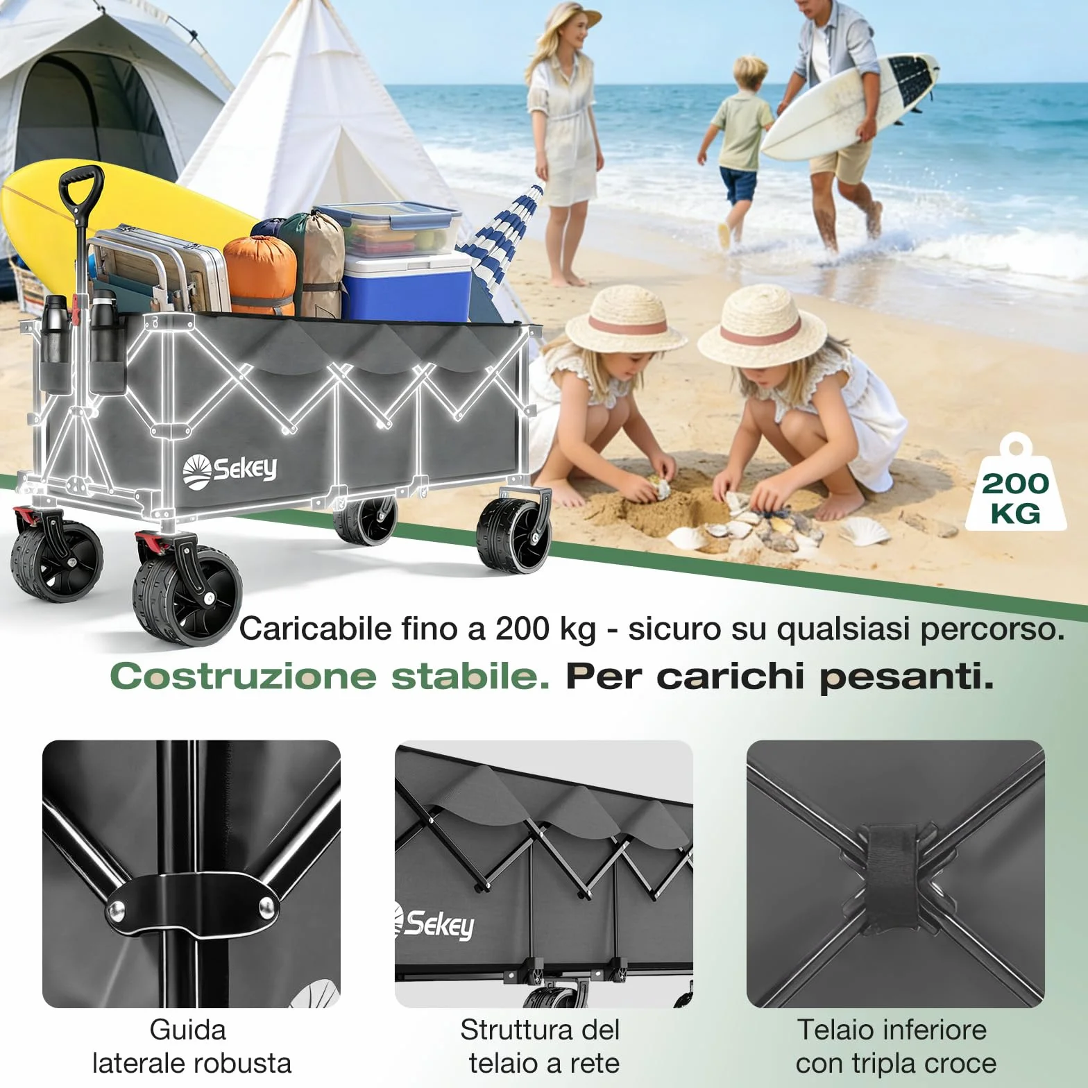 Sekey Carrello Spiaggia 300L 200KG Ruote Grandi 17x10 cm Pieghevole SE4013 Grigio