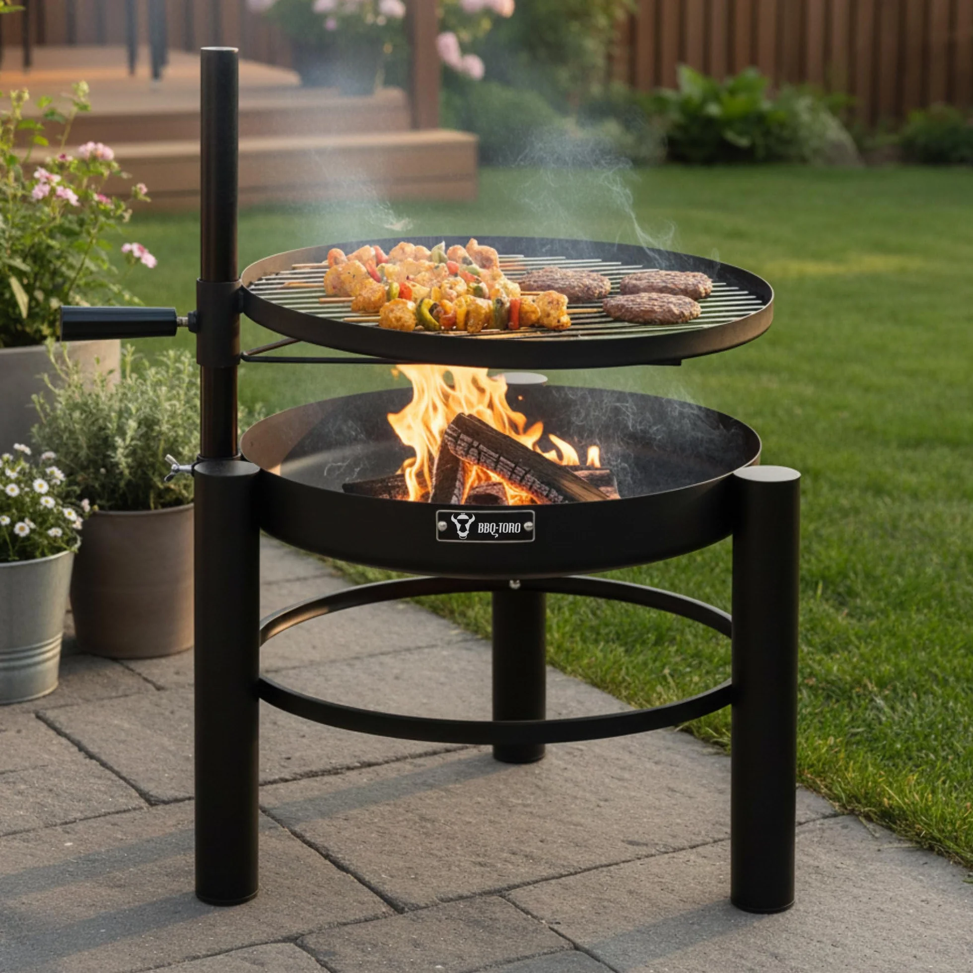 BBQ-Toro Braciere con griglia Ø 50 cm, 2in1, regolabile in altezza, a carbone, da esterno