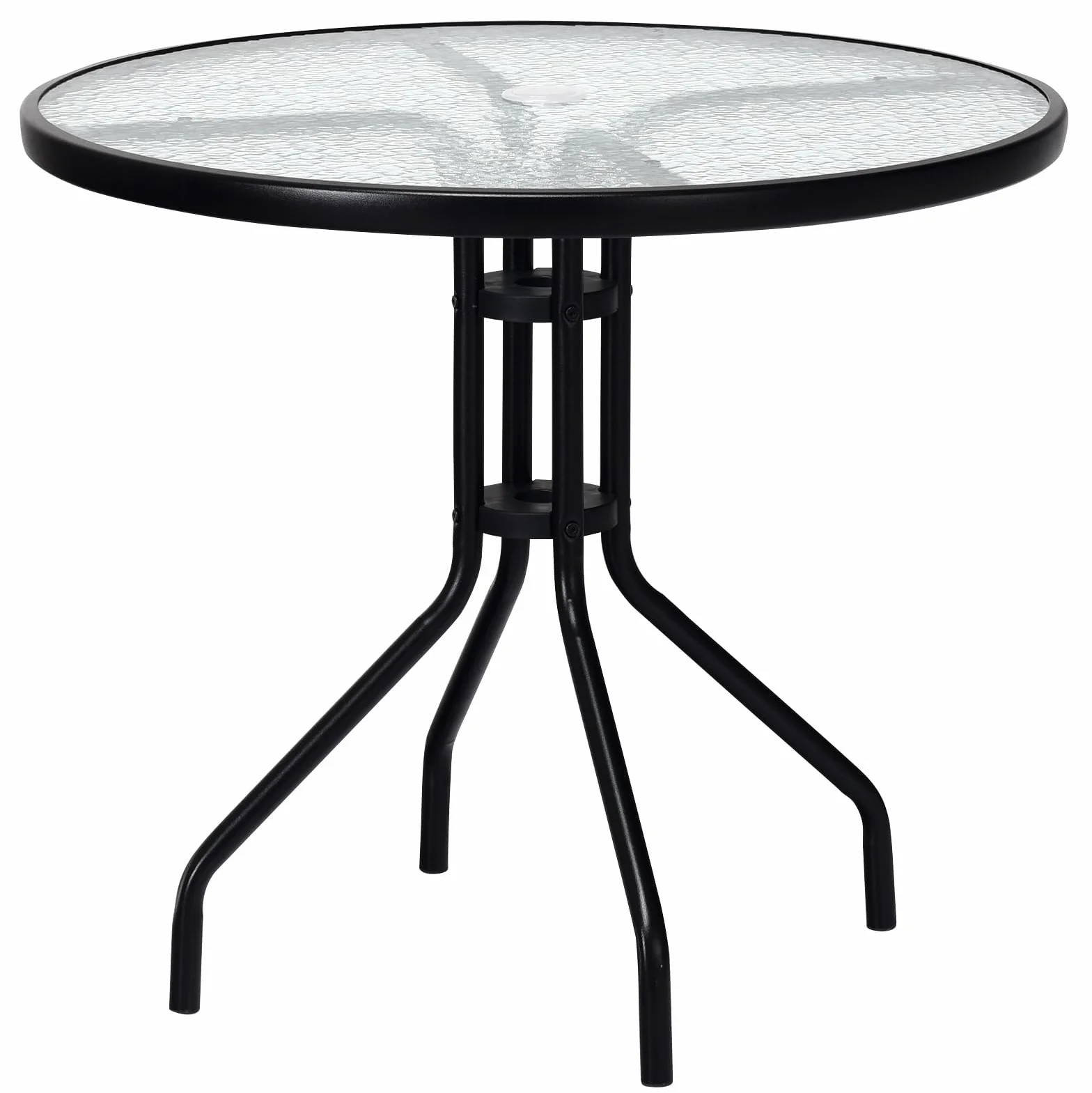 FANTASK Tavolo da giardino resistente alle intemperie, tavolo da balcone rotondo con foro per ombrellone, tavolo da terrazza con piano in vetro temperato, per cortile, 70 x 70 x 71 cm, terrazza e