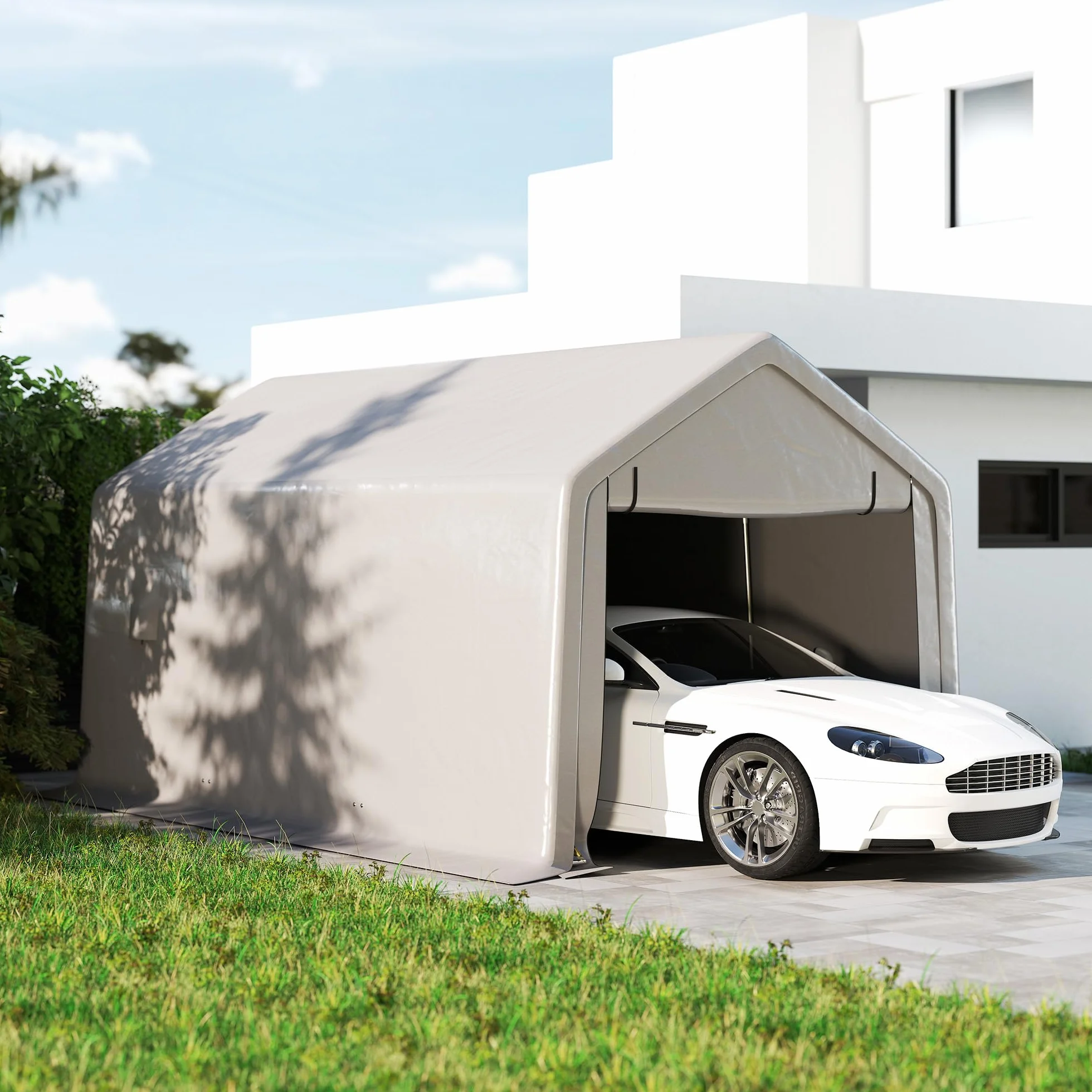 Outsunny Carport tenda da garage 3 x 5,2 m, tettoia per auto all'aperto, tenda di stoccaggio con porta avvolgibile rimovibile, tettoia per auto, camion, barca, grigio