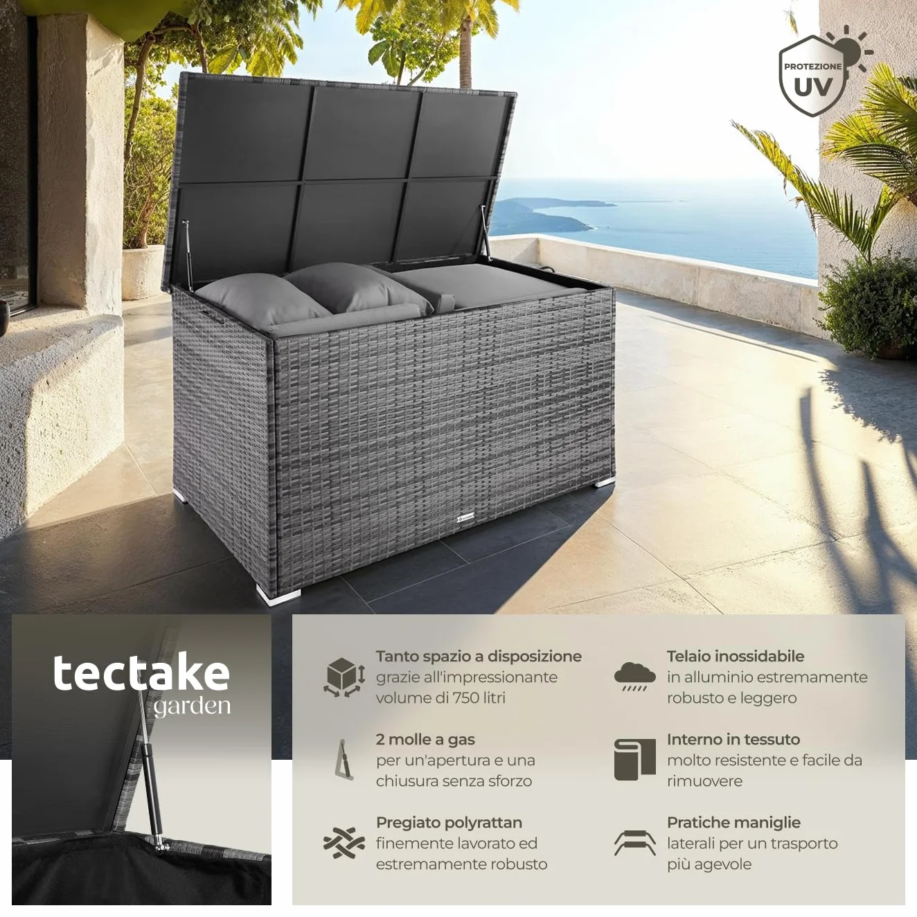 tectake Box Contenitore da Esterno 750L, Mobile da Giardino in Polyrattan e Alluminio, 145 x 82,5 x 79,5 cm - Grigio