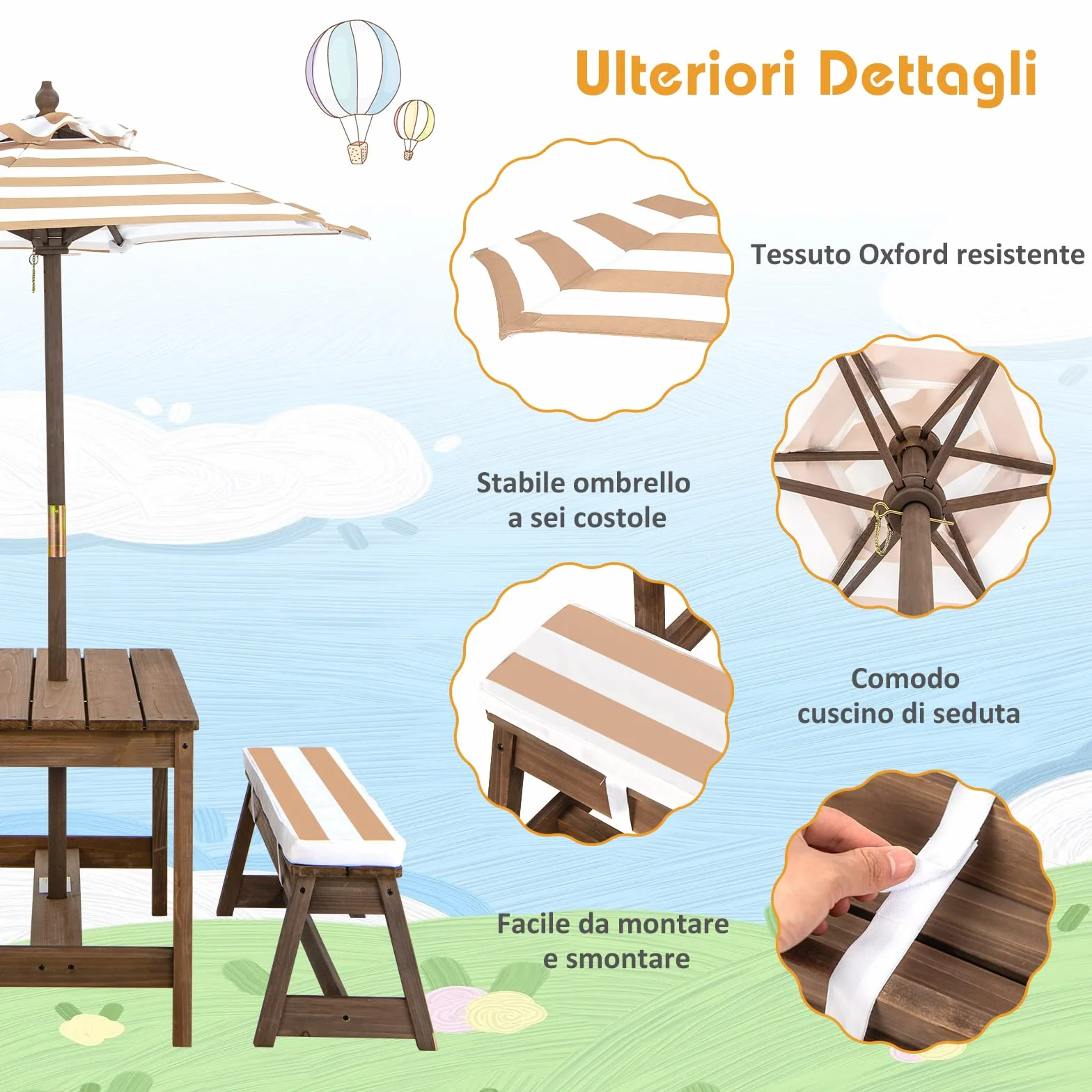 COSTWAY Tavolo da Picnic per Bambini con Parasole Pieghevole, Set Tavolo e Panca in Legno con Cuscini, Marrone