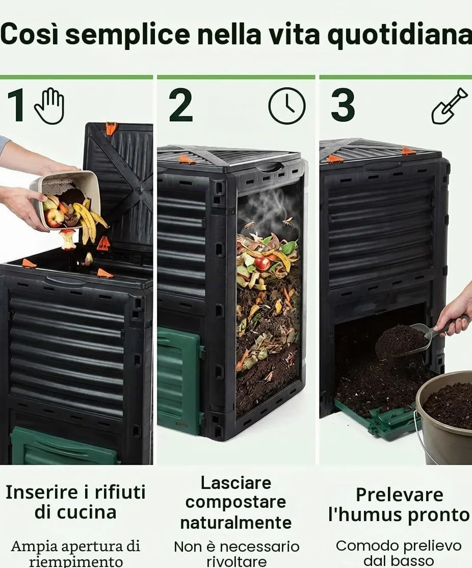 Compostiera termica da giardino, 300 l, di alta qualità, con coperchio ribaltabile, in plastica riciclata, 83 x 61 x 61 cm, prodotto UE
