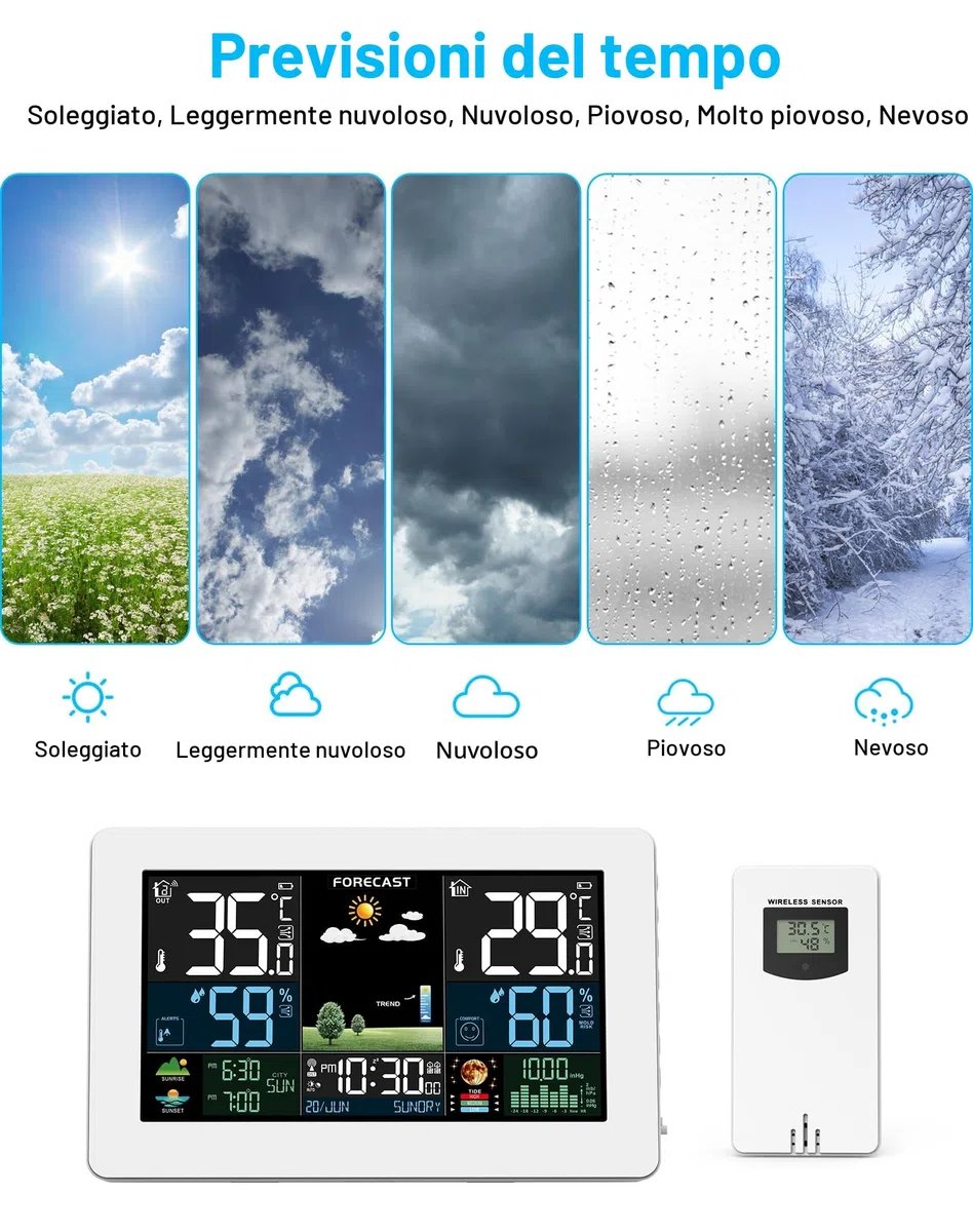 Stazione Meteo con Sensore Esterno Display a Colori Temperatura Umidità Pressione dell'Aria Bianco