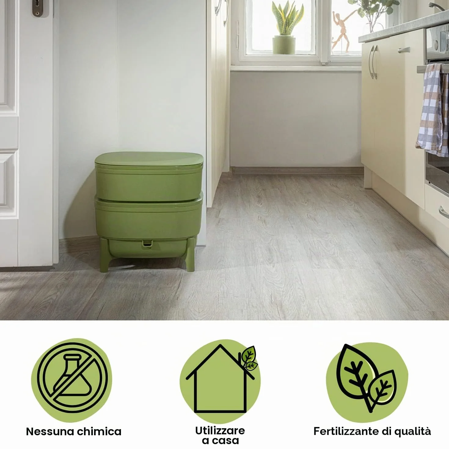 Vermicompost per Cucina e Balcone - Wormbox Simile Alla Torba - Vermicompostaggio Design in Plastica Riciclata 30 Litri, Verde