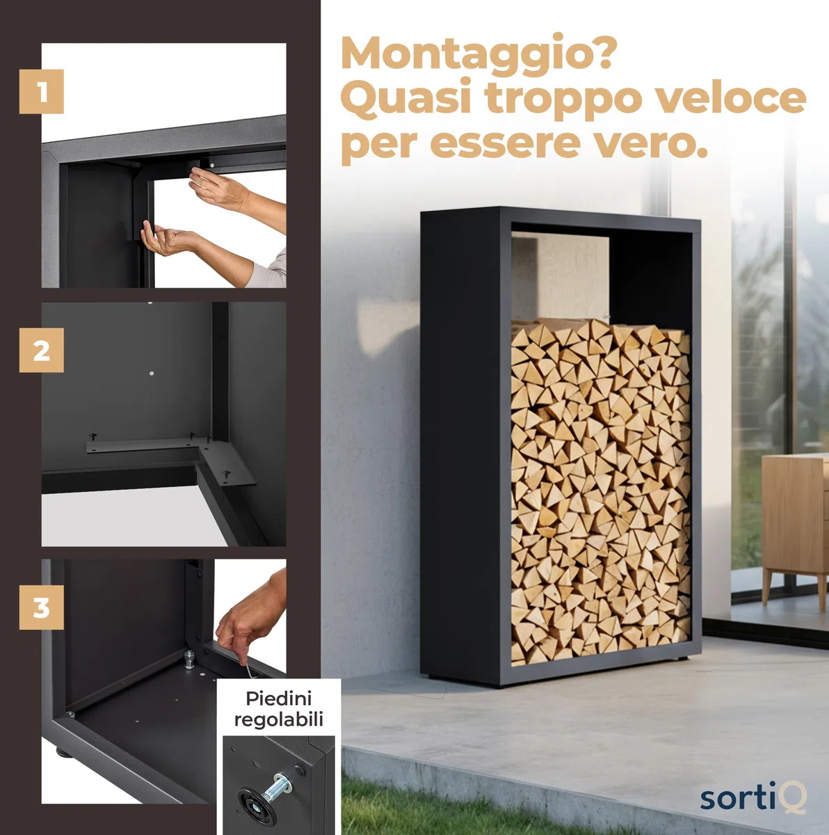 Scaffale per legna da ardere in metallo RAL 7016 per esterni e interni resistente alle intemperie