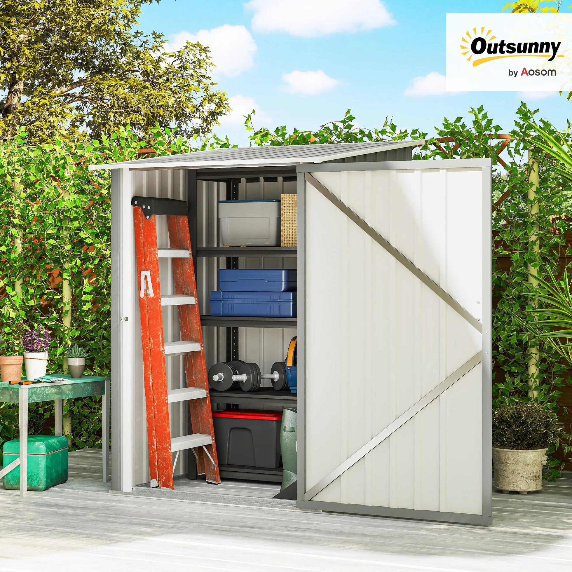 Outsunny Casetta da Giardino 0.92m² Acciaio Zincato Capanno Porta Attrezzi 100x104x160 cm Grigio Chiaro