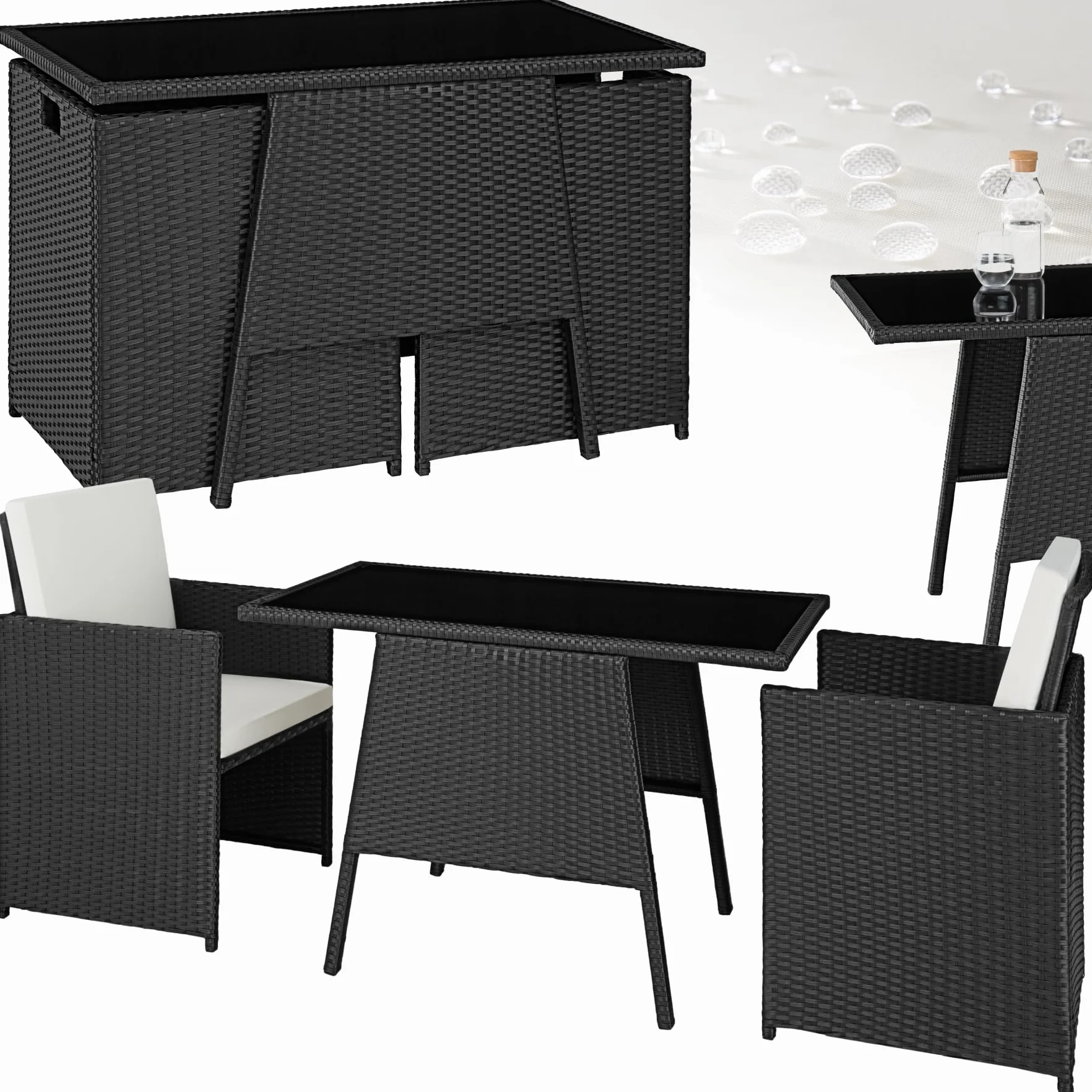 tectake Salottino Rattan Losanna Set da Giardino 2 Poltrone 1 Tavolo Acciaio Vetro Nero