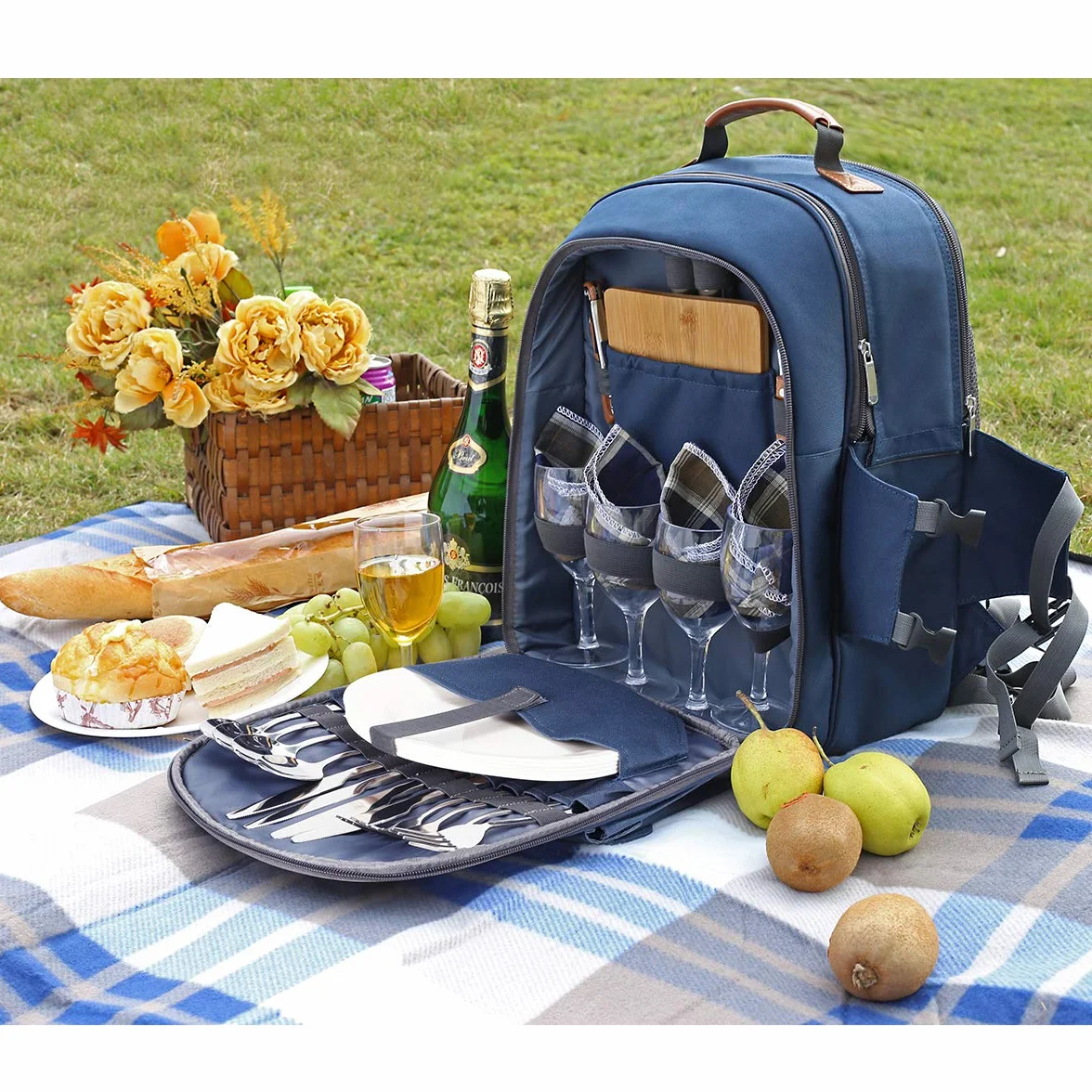 Sunflora Zaino da Picnic 4 Persone con Coperta, Borsa da Picnic con Custodia Cestino da Picnic per 4 Persone Impermeabile Isolata per il Camping Esterno della Famiglia (Blu Navy)