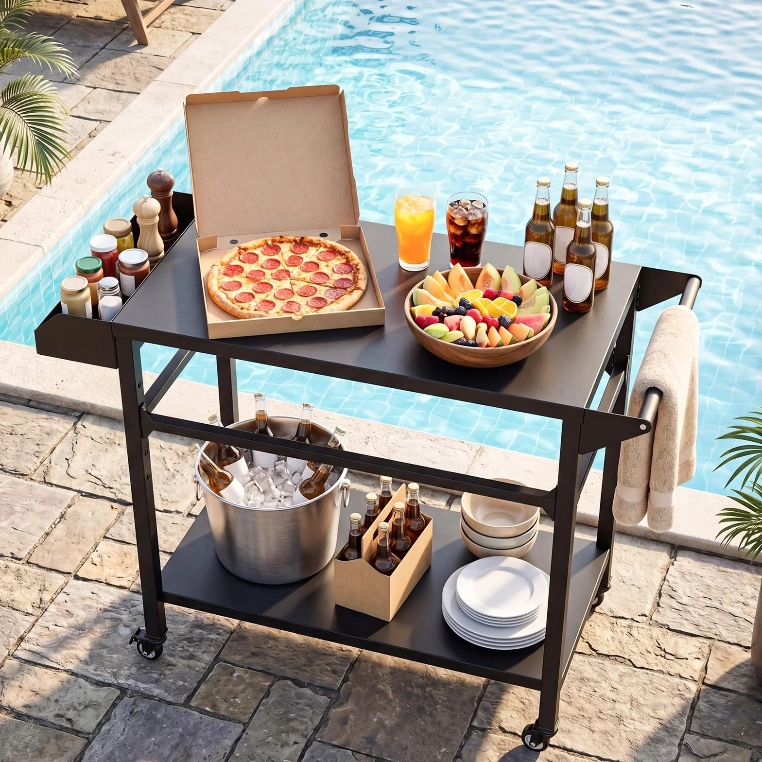 COSTWAY Carrello per Barbecue 4 Ruote, Carrello Cucina da Esterno BBQ Metallo 100x80x45 cm