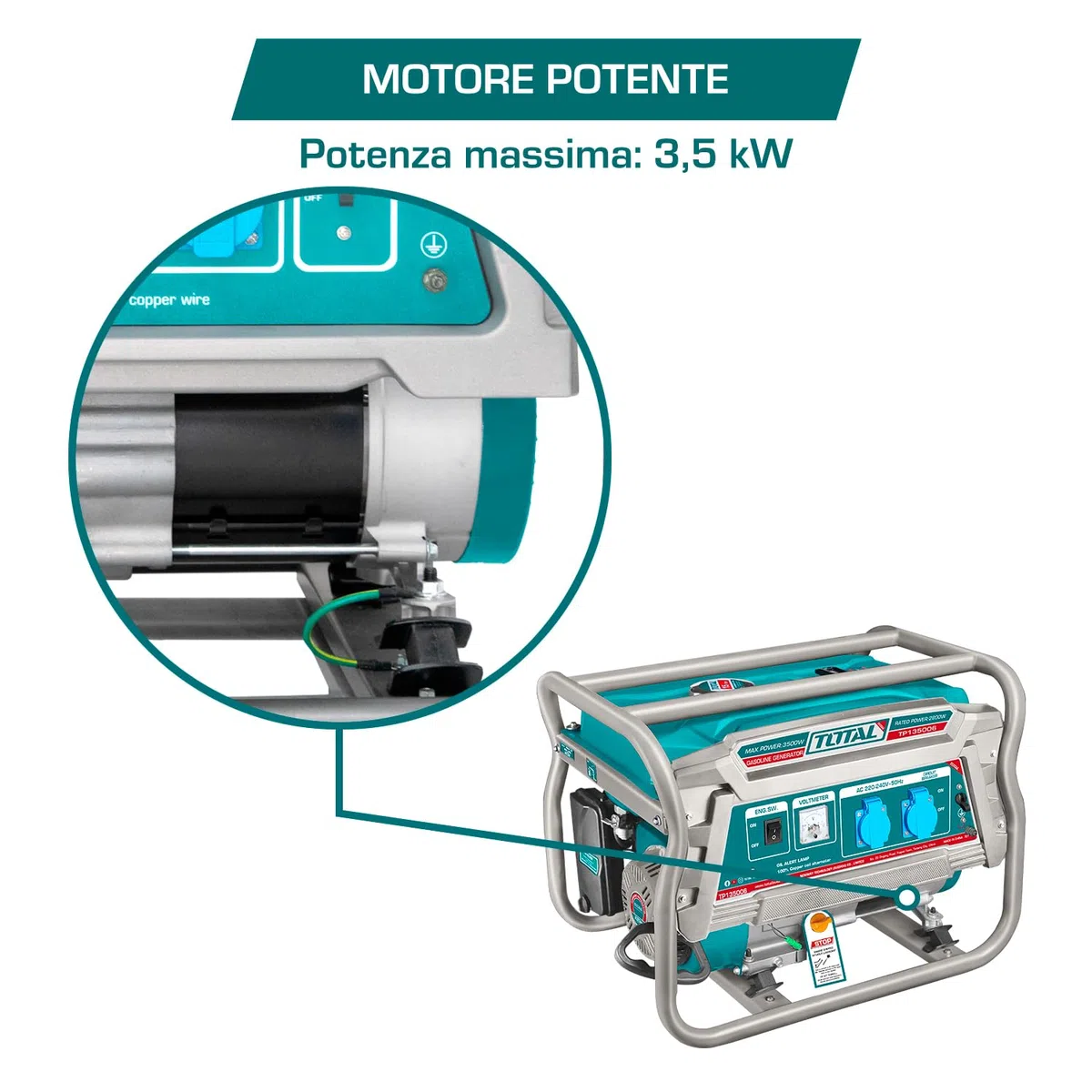TOTAL - Generatore Di Corrente Portatile 3500W A Benzina, Motore 4 Tempi OHV, Alternatore In Rame, Avviamento Recoil, Serbatoio 15L, 220-240V, Generatore Silenziato Per Casa E Cantiere