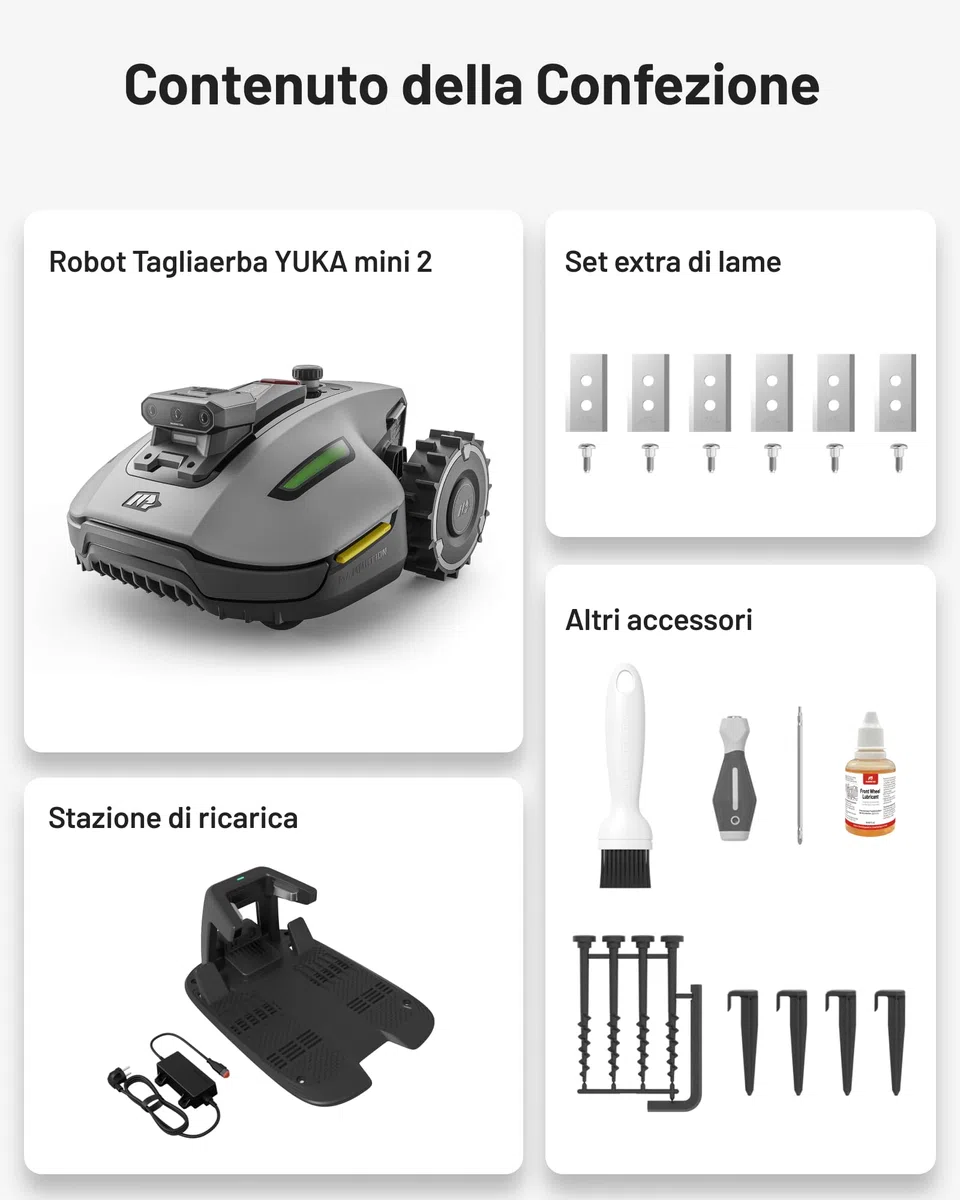 MAMMOTION YUKA mini 2 500 Robot Tagliaerba senza Filo Perimetrale, Nessuna Perdita di Segnale, Senza RTK, Visione AI Tri-Cam, DropMow, Mappatura Auto Multi-zona