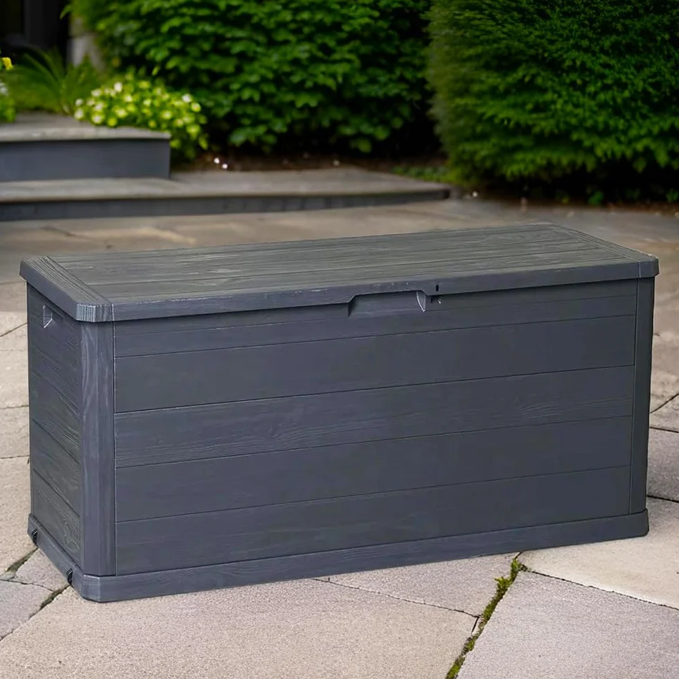 Baule Cassapanca 280 Litri Effetto Legno Contenitore Stoccaggio in Resina Antracite Dimensioni 117x45x56h cm da Esterno Resistente ai Raggi Uv -