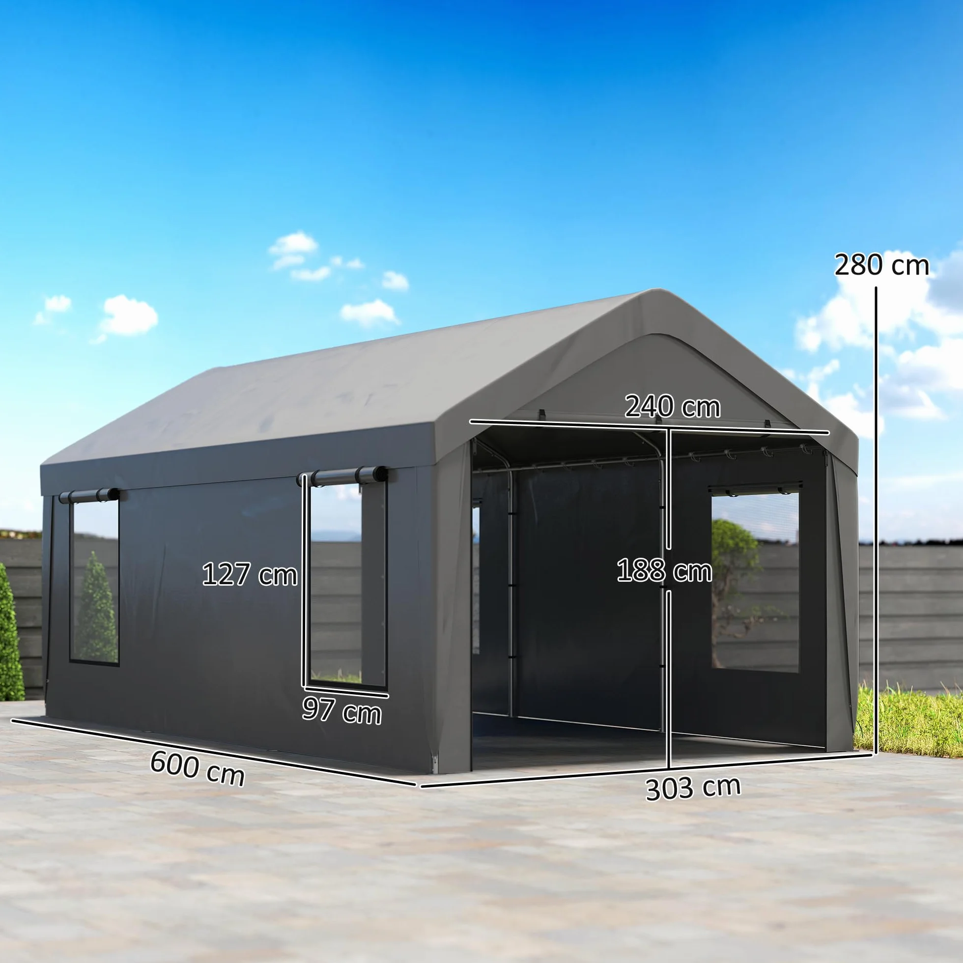 Outsunny Tenda da garage per auto coperto, 3 x 6 m, tenda per esterni con pareti laterali rimovibili e ante scorrevoli, 4 finestre