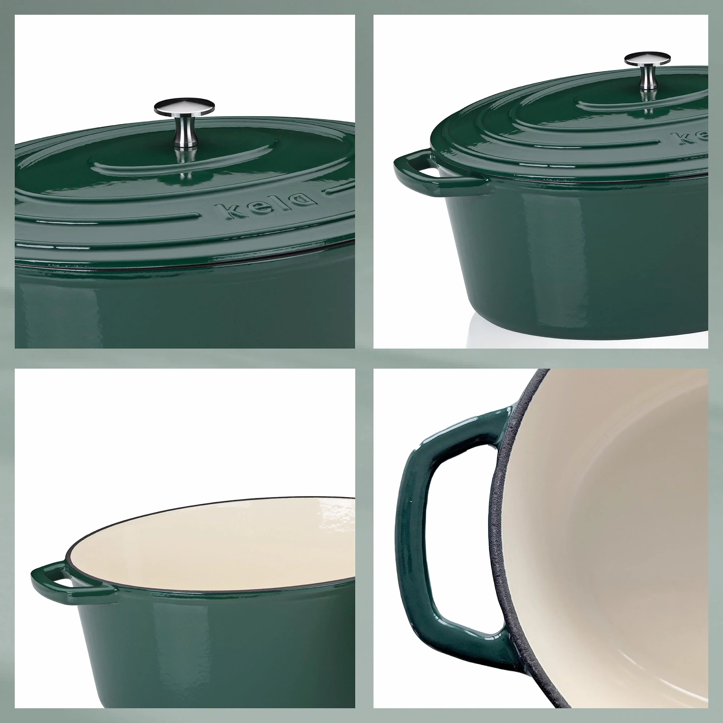 kela Casseruola ovale in ghisa 9,3 litri, forno olandese Calido, cottura a induzione con coperchio, pentola in ghisa per cuocere il pane, smaltato, verde