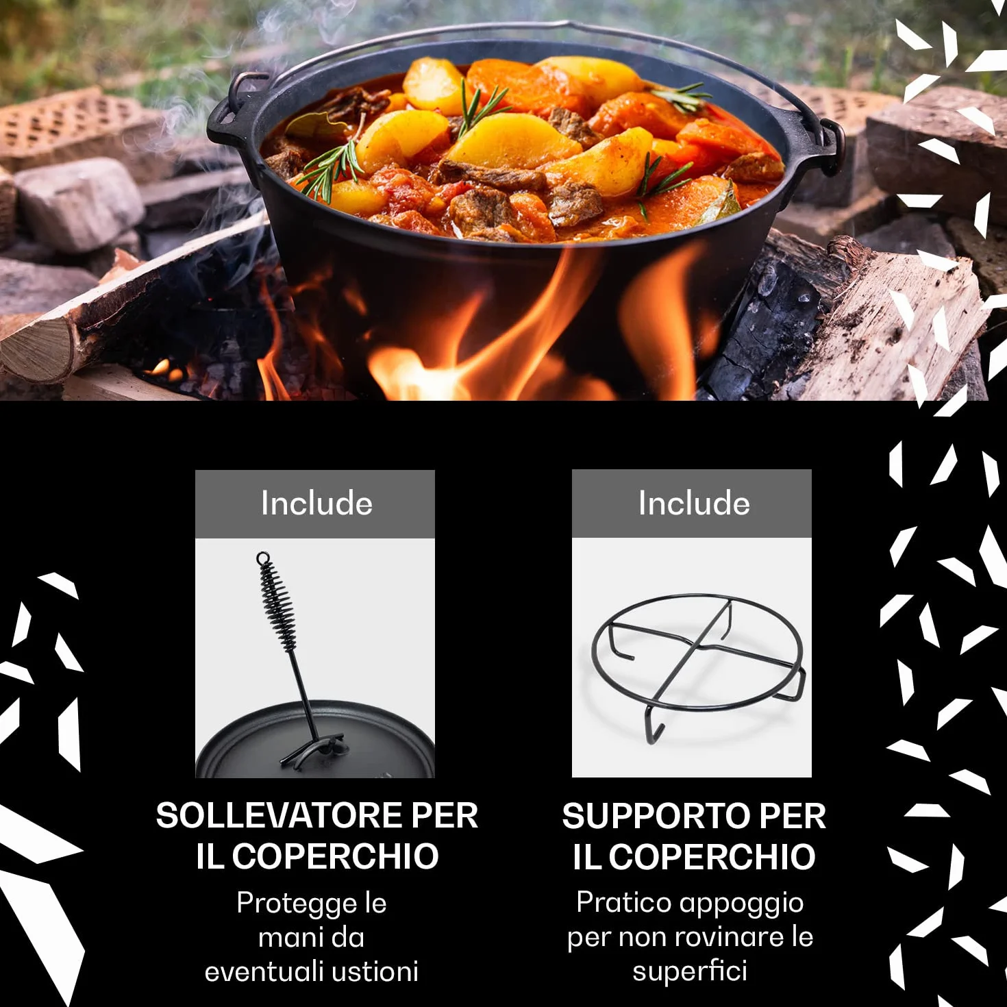 Griglia Dutch Oven in ghisa | Pentola in ghisa già rodata | Dutch oven di massima qualità con sollevatore coperchio | con e senza gambe, Ghisa, nero, 12er - 9.0qt - Füße