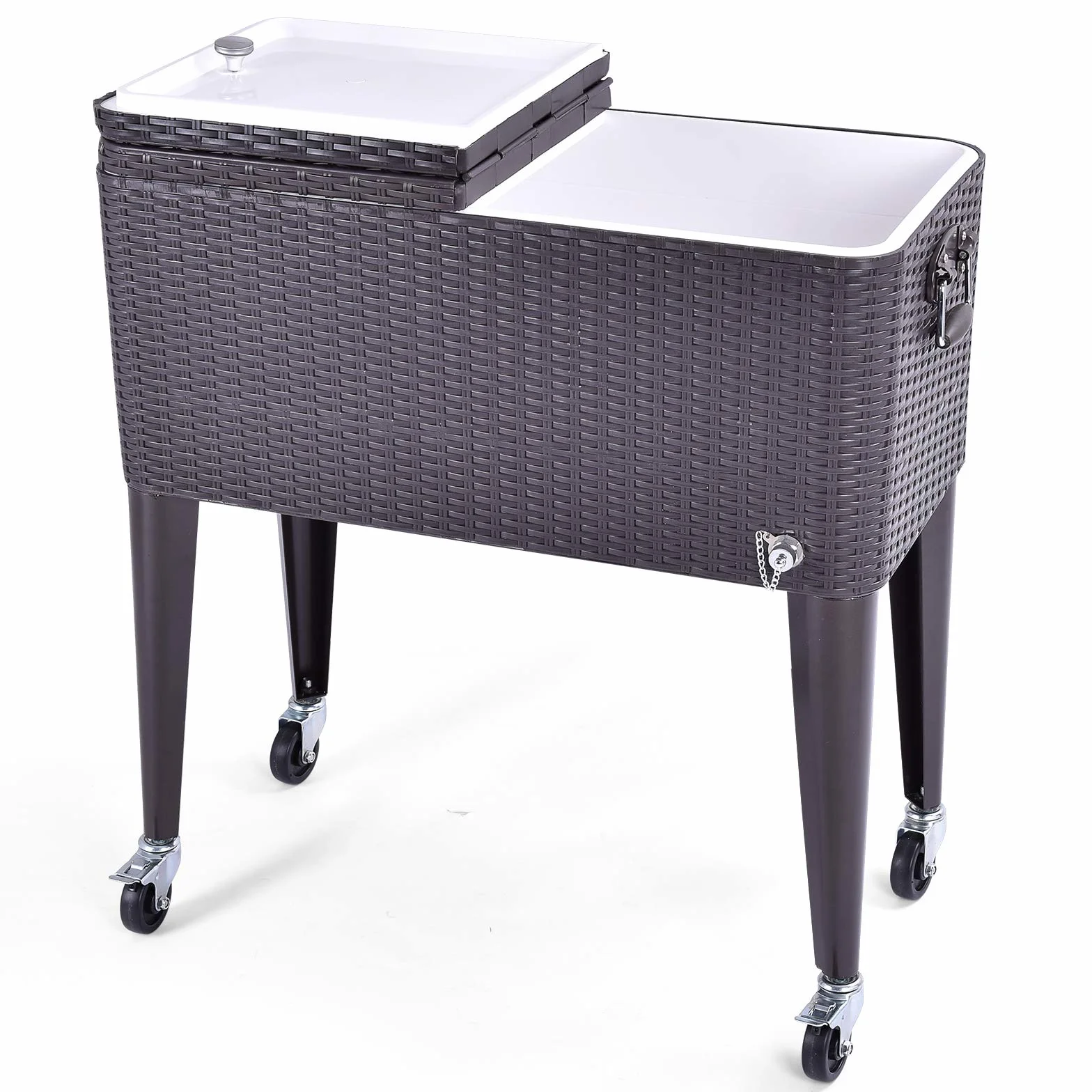COSTWAY Carrello Portavivande Refrigerante Rattan 76L, Carrello Portaghiaccio con Ruote Bloccabili, Apribottiglie, 83x48x87 cm