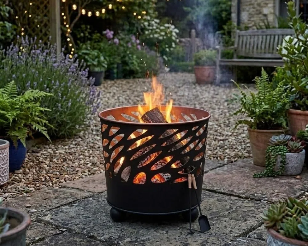 Braciere da Esterno Giardino Terrazzo Cestino in Ferro per Legna Ciotola per Fuoco Braciere Rotondo Diametro 39 cm Altezza 31,5 cm Mod. Canberra