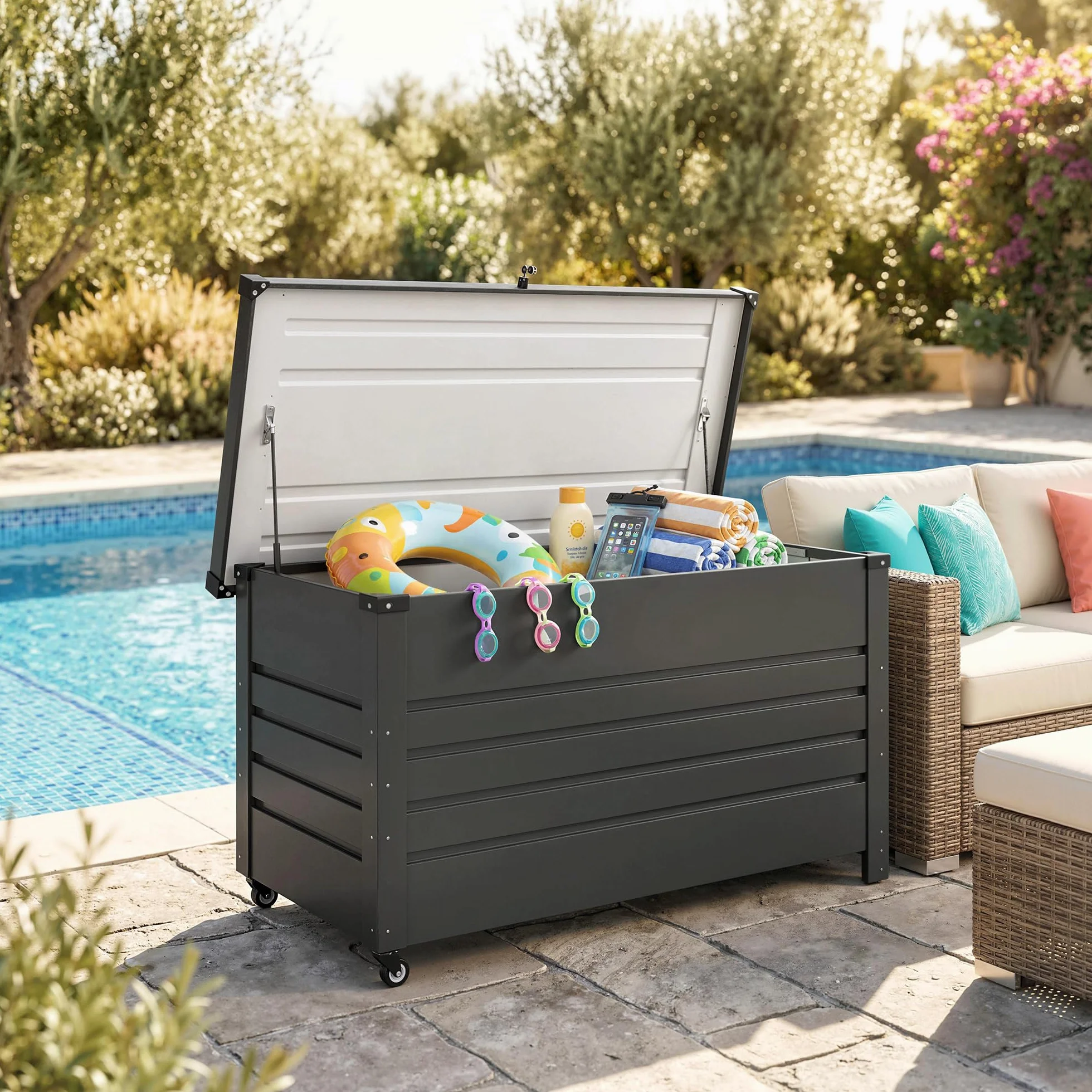 Outsunny Baule da Esterno 350L Acciaio Rinforzato con Coperchio Bloccabile, Pistoni a Gas, Ruote, Grigio
