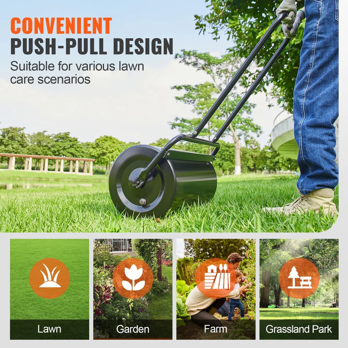 VEVOR Rullo da Giardino 46 L Acciaio Riempito Sabbia Acqua Maniglia Ergonomica