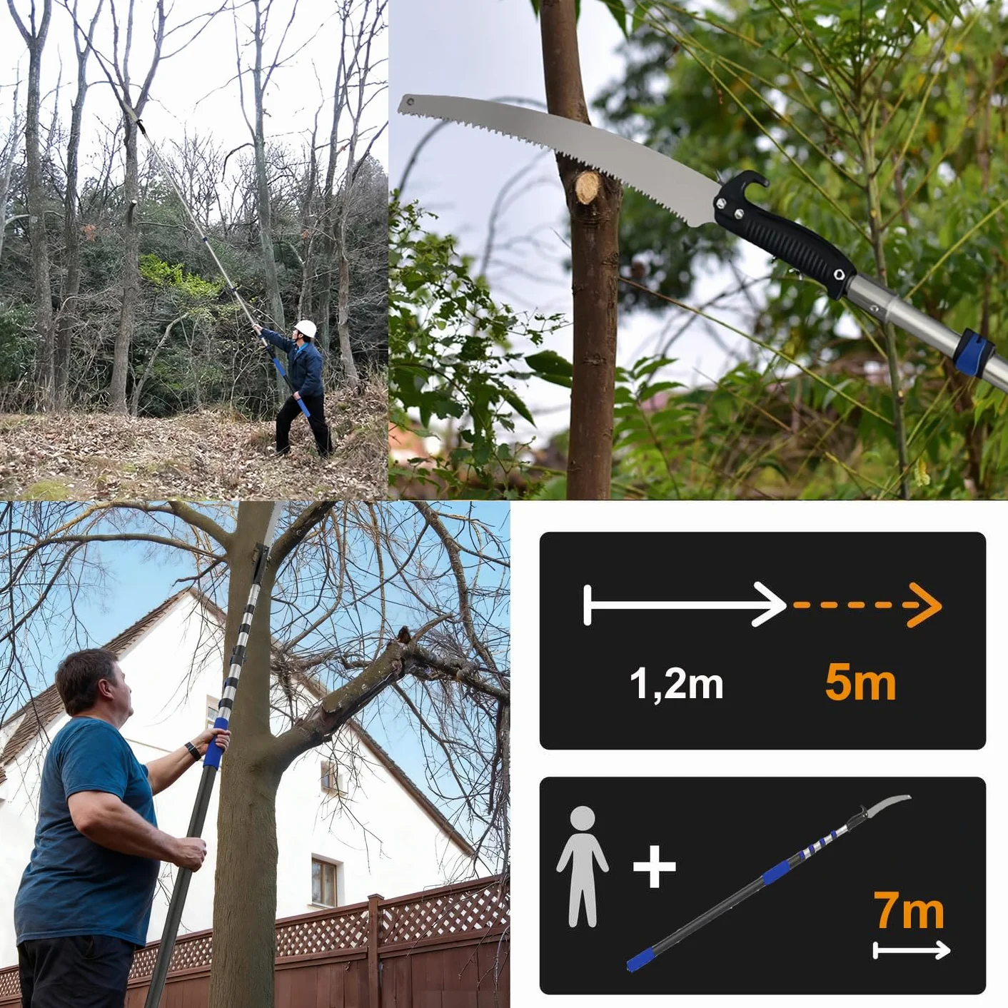 Seghetto da potatura, Bai You Mei Seghe potatura manuali telescopica 1,2-5 m giraffa da taglio con manico telescopico, sega per alberi e rami telescopici, sega a mano asta telescopica per svettatoio