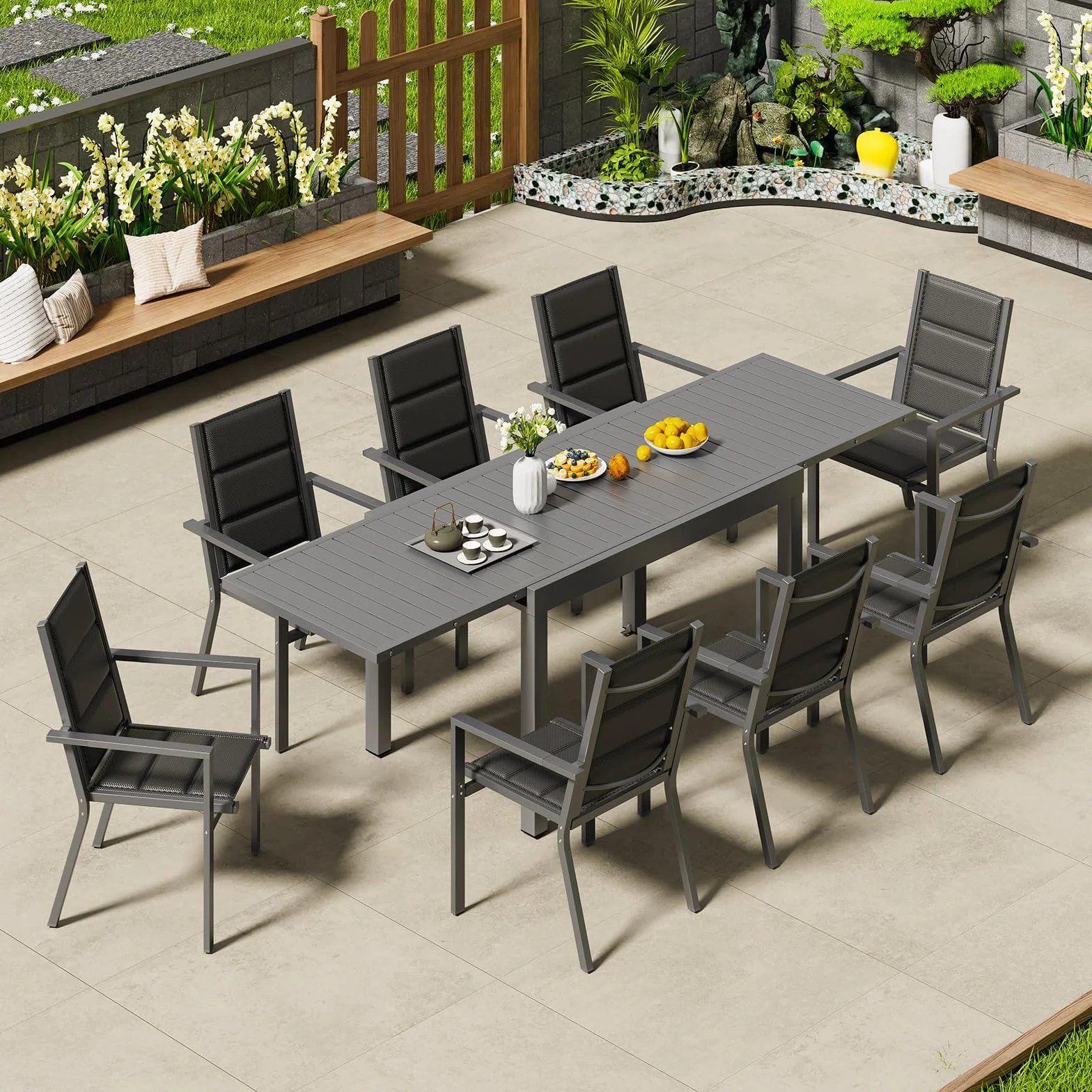 Devoko Set Tavolo e Sedie Da Giardino in Alluminio 8 Persone, 130-260CM Allungabile, Grigio Scuro