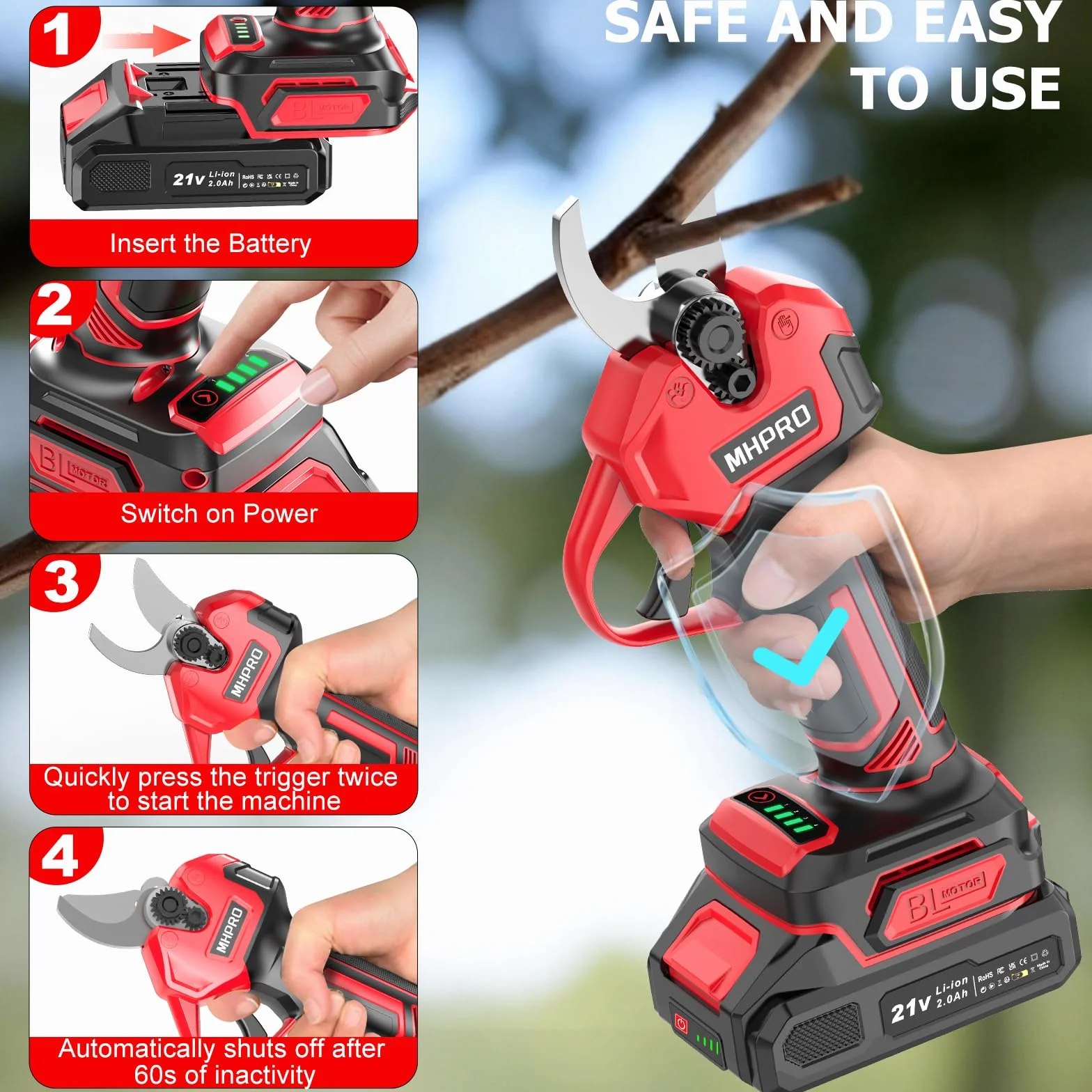 MHPRO Forbici Potatura a Batteria Brushless, Forbice Elettrica per Potatura 600W Con 2×Batterie 21V 2000mAh, Schermo LCD, per Frutteti, Paesaggistica e Giardinaggio Professionale,Rosso
