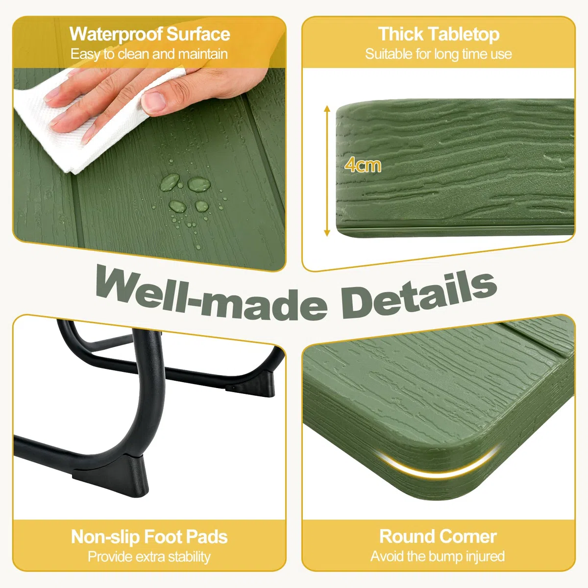 KOMFOTTEU Set Tenda da Birra, Tavolo con 4 Panche da Birra per 8 Persone, Set di Mobili da Giardino con Foro per Ombrellone, Set Tendone da Campeggio in HDPE, Telaio in Metallo (Verde)
