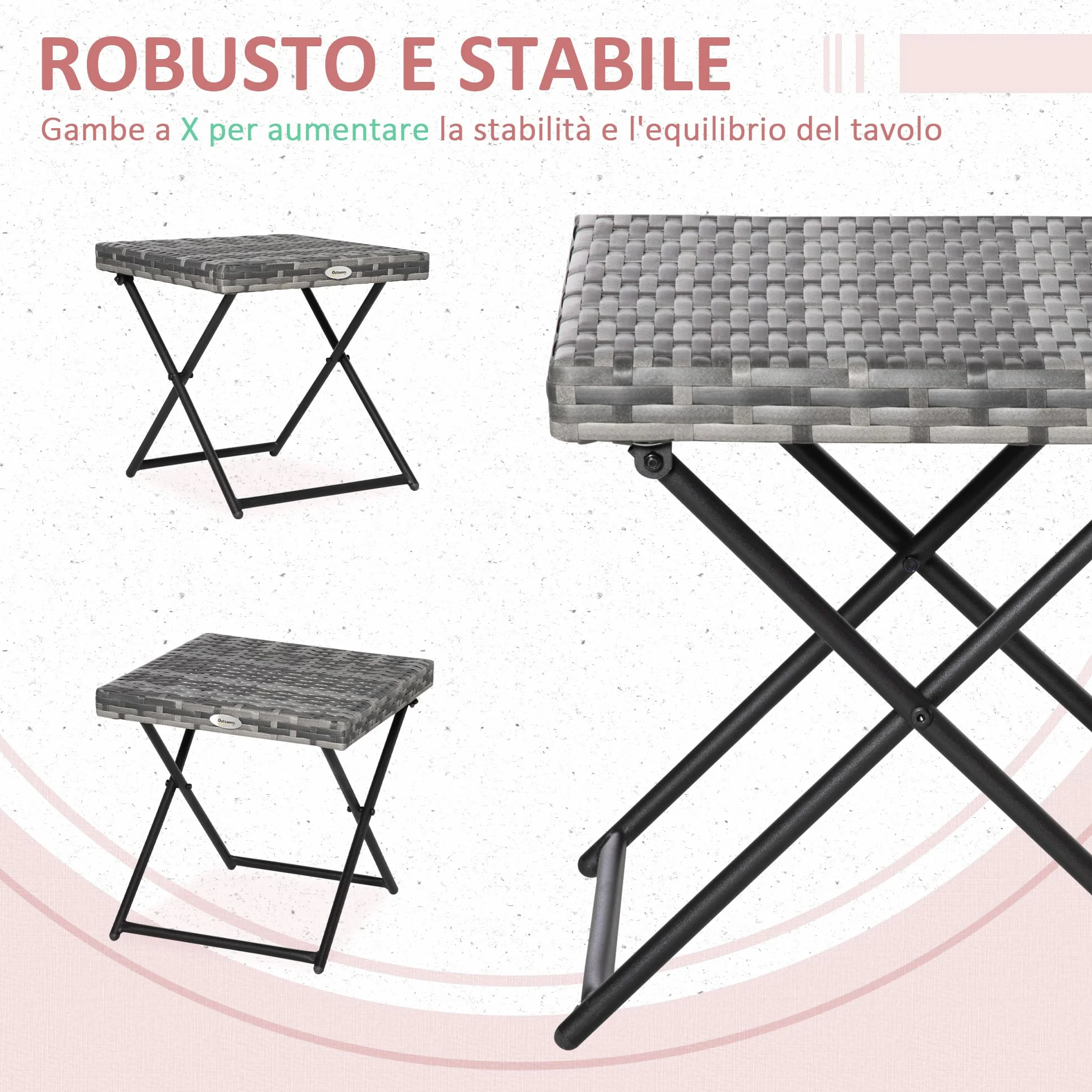 Outsunny Tavolino da Giardino Pieghevole in Rattan Sintetico e Acciaio 40x40x40cm Grigio