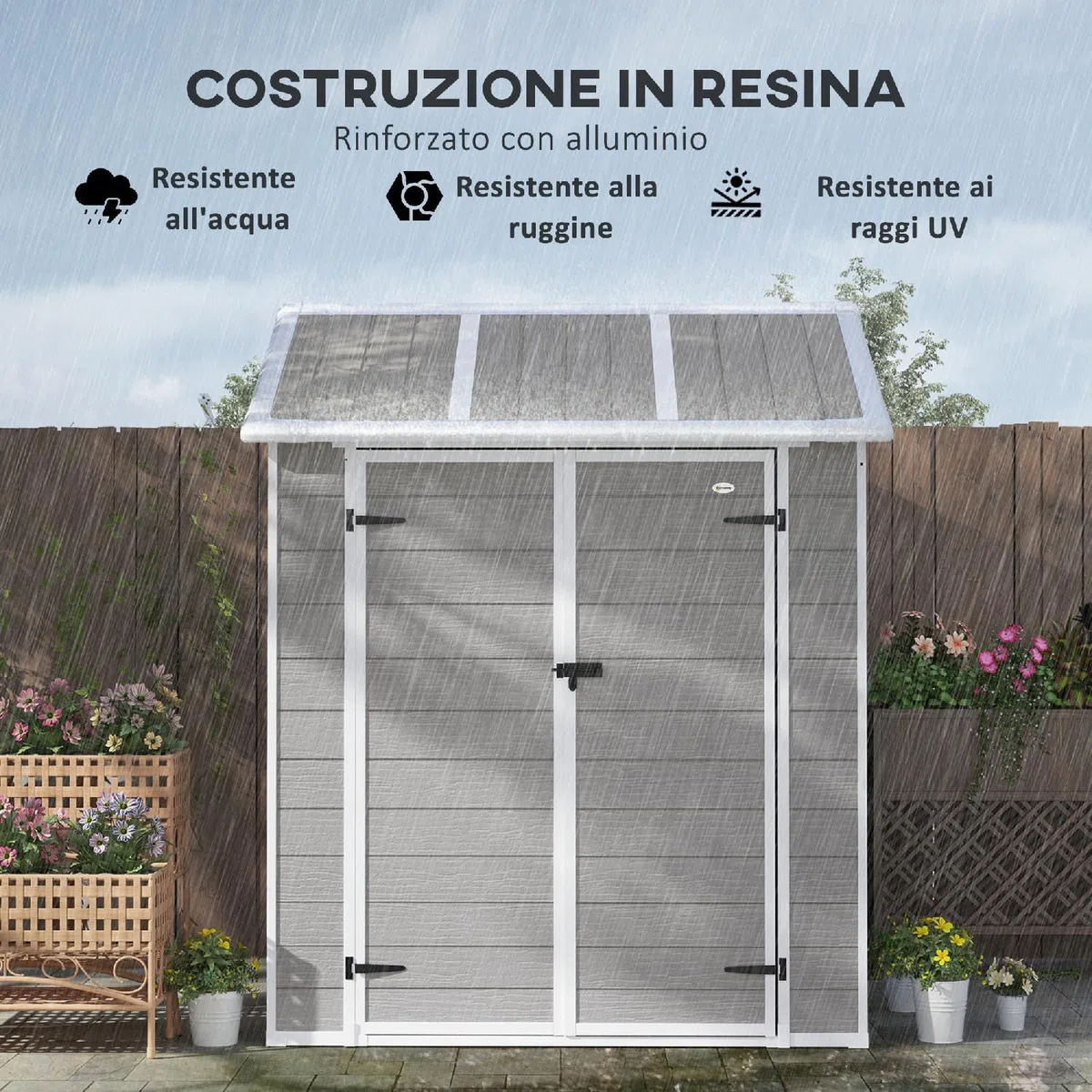 Casetta da Giardino 2 ante Ripostiglio da esterno in Plastica/Alluminio Dimensioni 181x181x220 cm colore Grigio