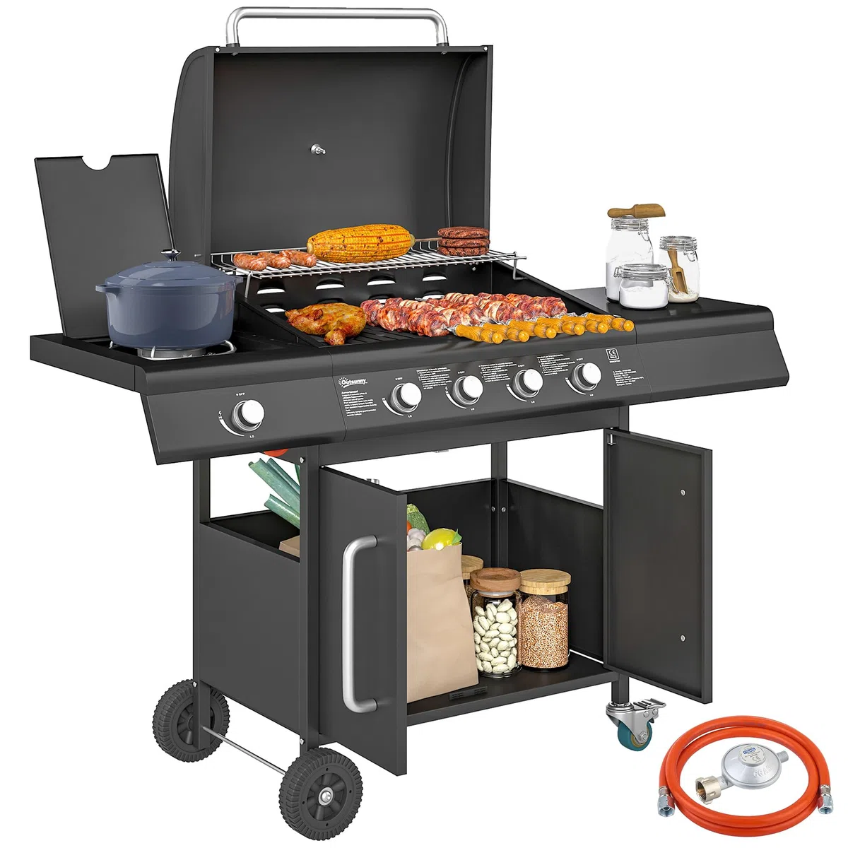 Outsunny Barbecue a Gas 4+1 Bruciatori 15.2 KW Acciaio PP con Ruote Armadietto Termometro Nero