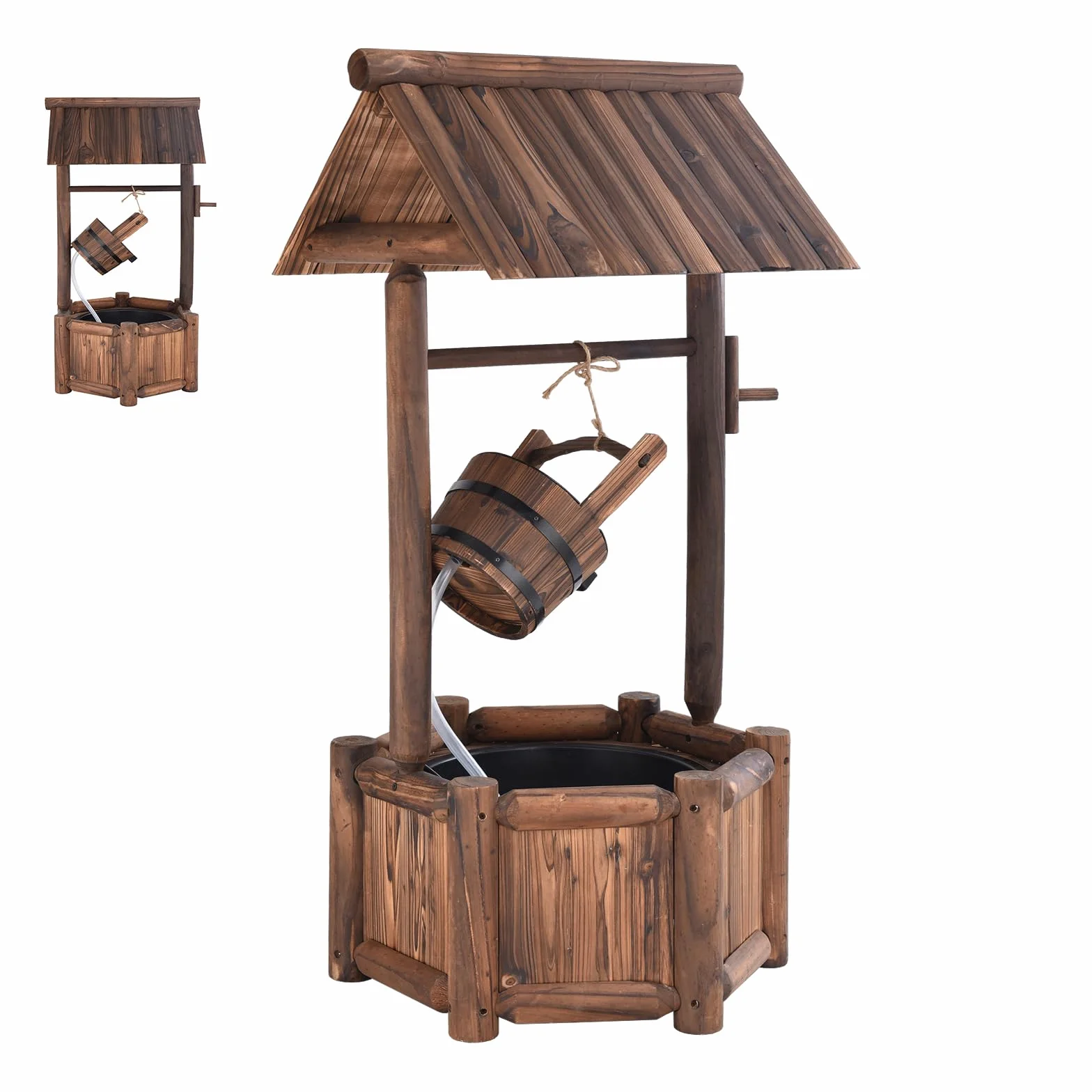 SOARS Fontana da giardino con tetto per esterni, fontana in legno con pompa elettrica e secchio in legno, fontana decorativa per cortile e prato, 59 x 56 x 115 cm